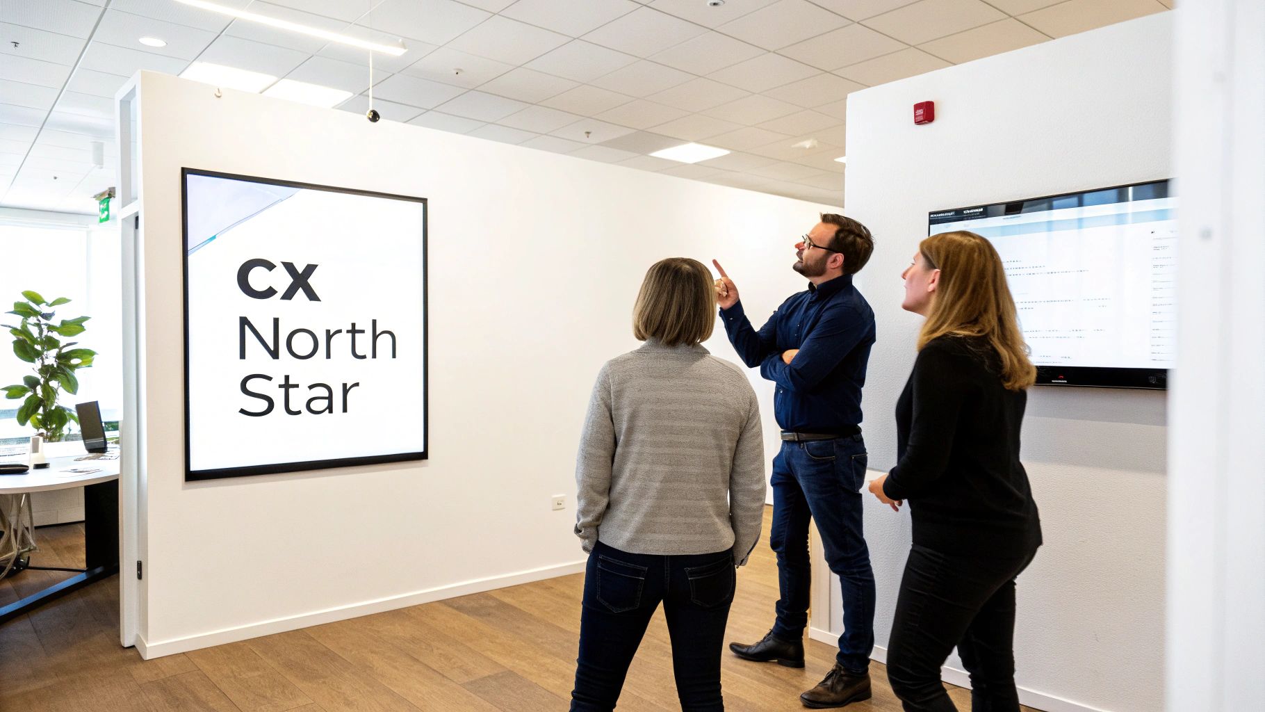 A man points at a 'Cx North Star' sign in an office with two women, engaging in a discussion.