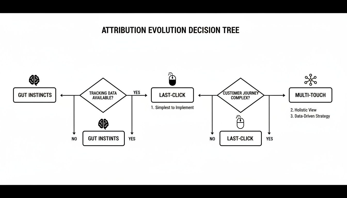 A decision tree flowchart illustrating the evolution of marketing attribution models from gut instincts to multi-touch.