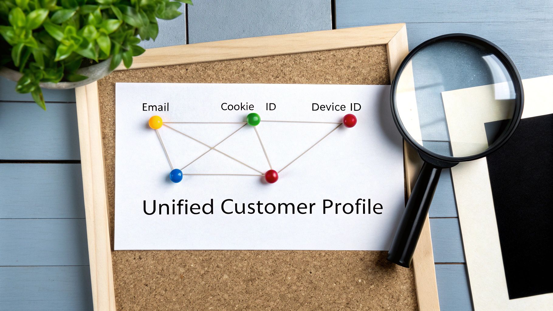 A diagram on a cork board illustrates a unified customer profile, connecting email, cookie ID, and device ID.