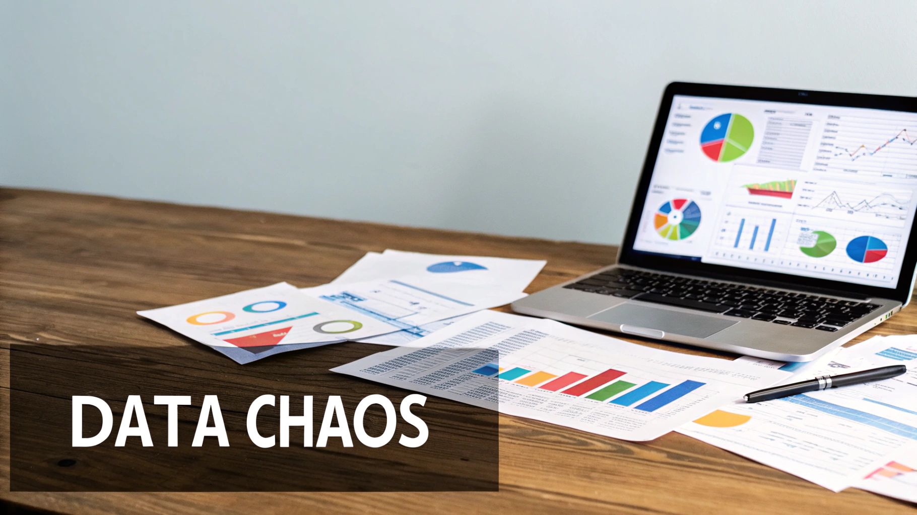 A wooden desk with a laptop displaying data visualizations, scattered charts, and a pen, with 'DATA CHAOS' overlaid.