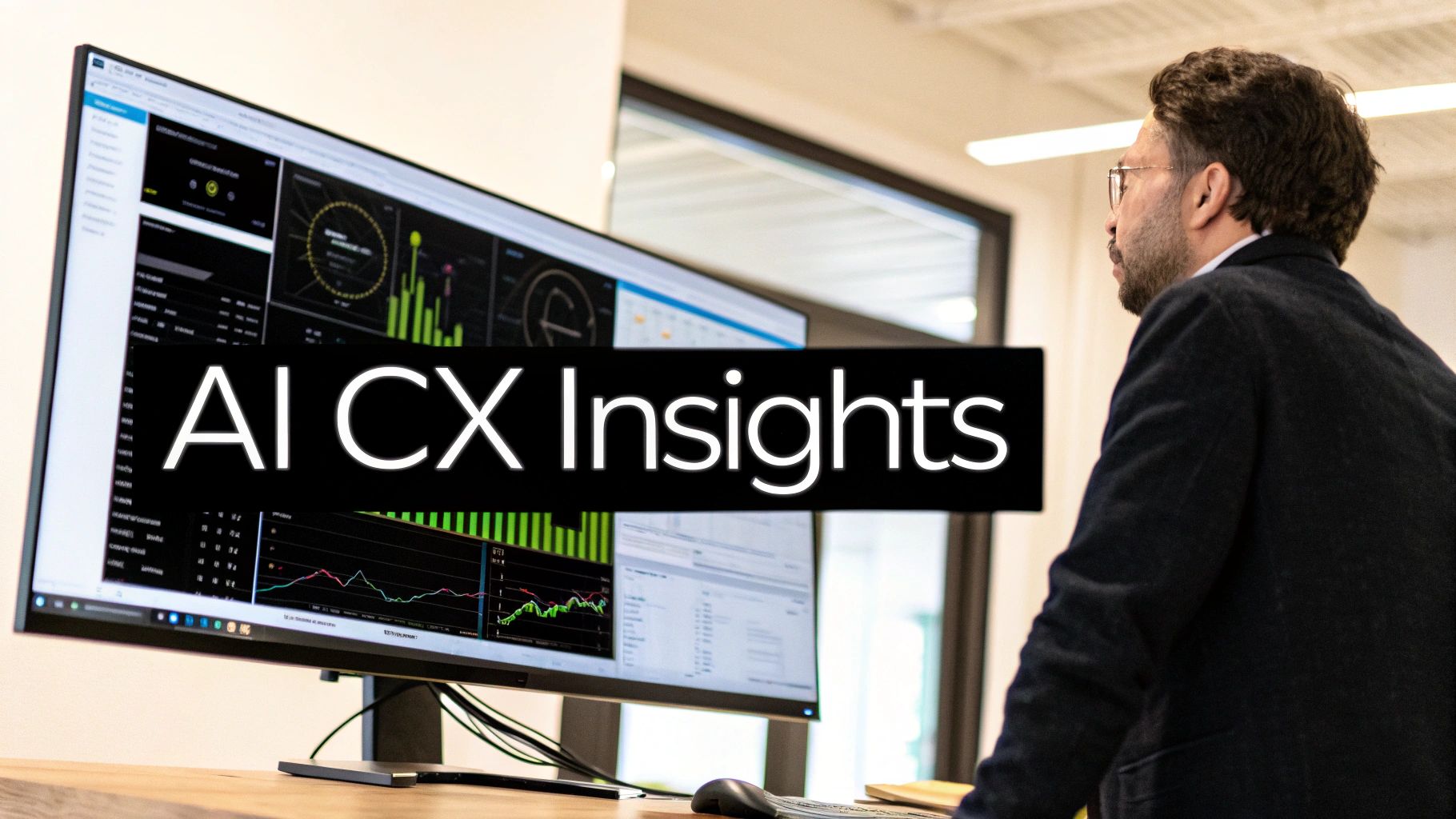 A man views a computer monitor displaying "AI CX Insights" and various data dashboards.