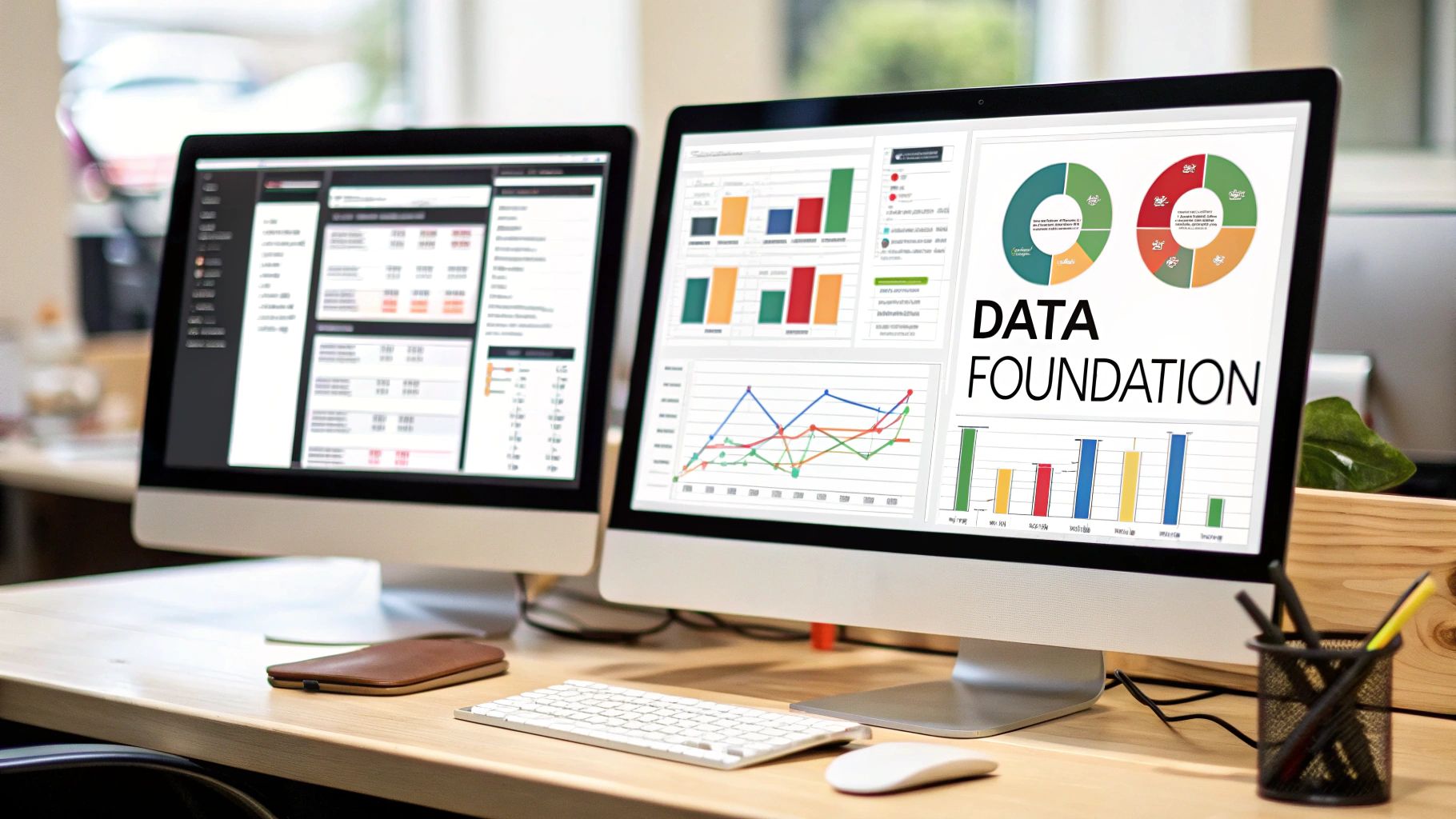 Two computer monitors display data analytics, charts, and graphs in a modern office workspace.
