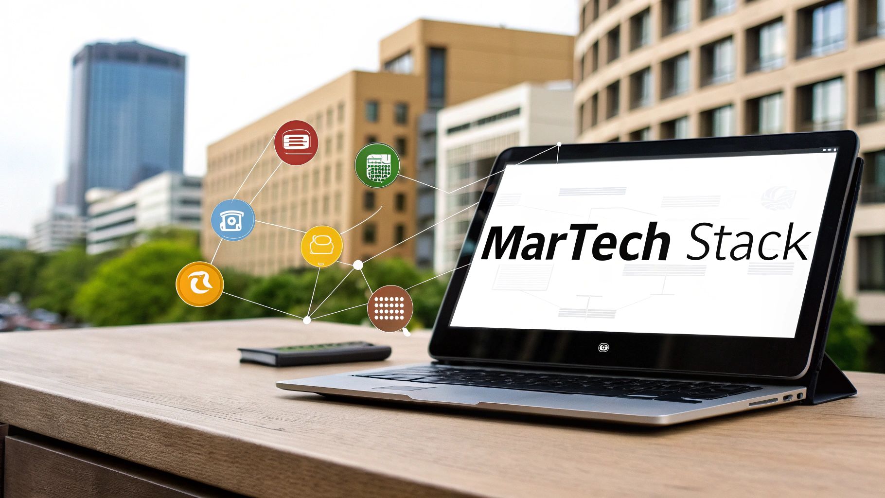 Laptop displaying 'MarTech Stack' text, with connected marketing technology icons and a blurred city background.