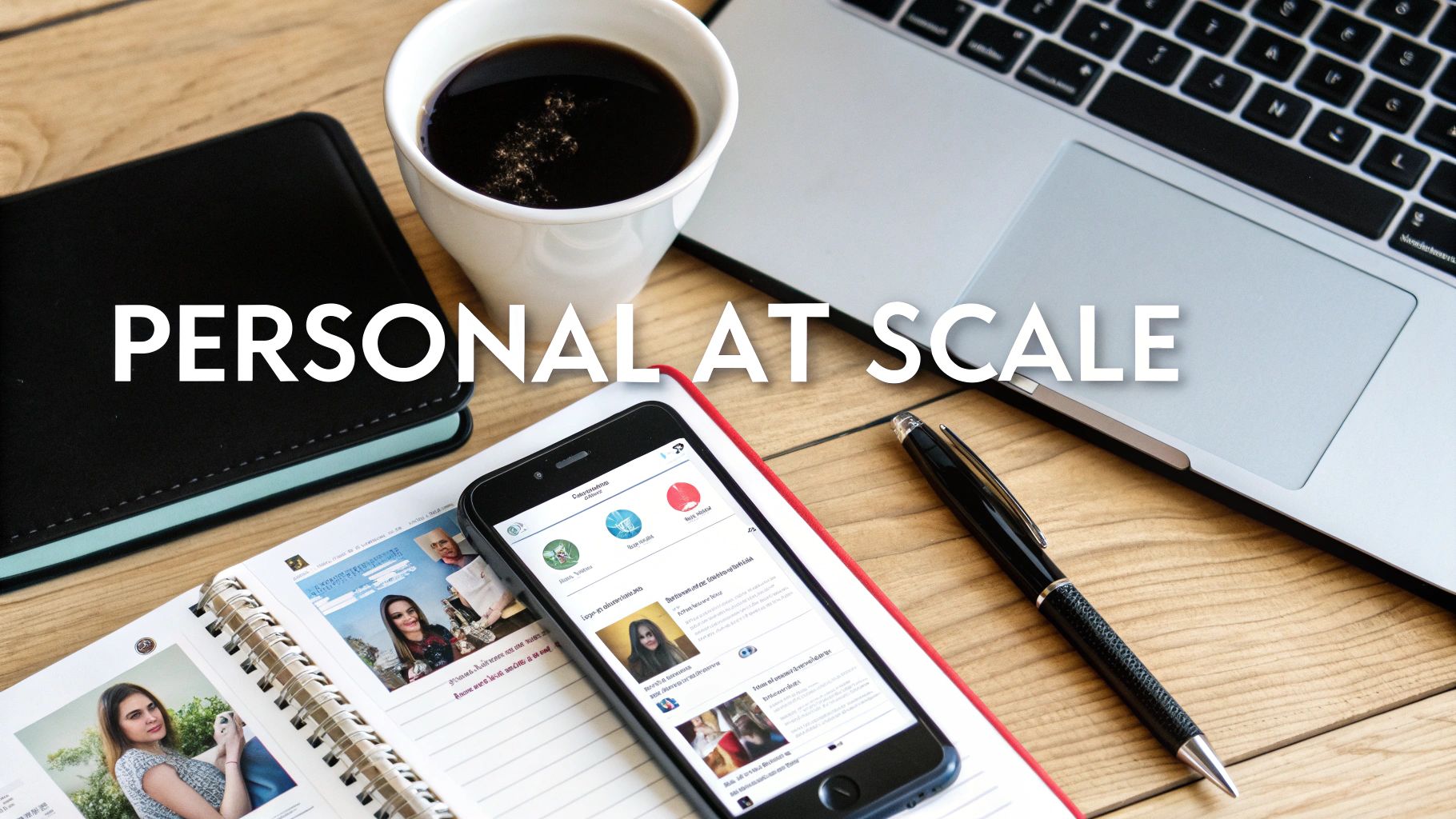 Overhead view of a modern wooden desk with laptop, coffee, smartphone, notebook, and pen. Text: PERSONAL AT SCALE.