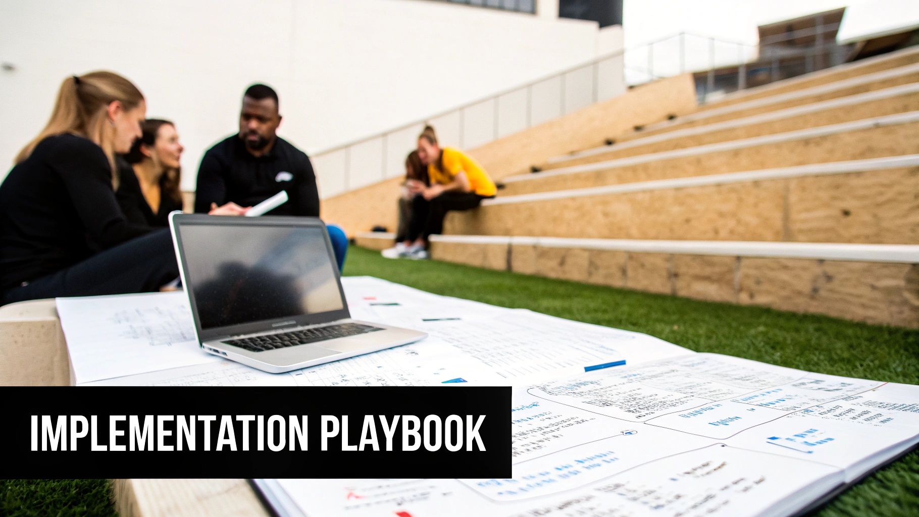 Diverse team collaborating outdoors with laptops, papers, and an implementation playbook on grass steps.