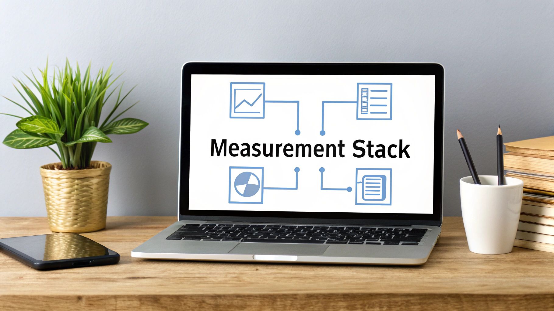 Laptop displaying 'Measurement Stack' diagram with data flow icons on a rustic wooden desk.