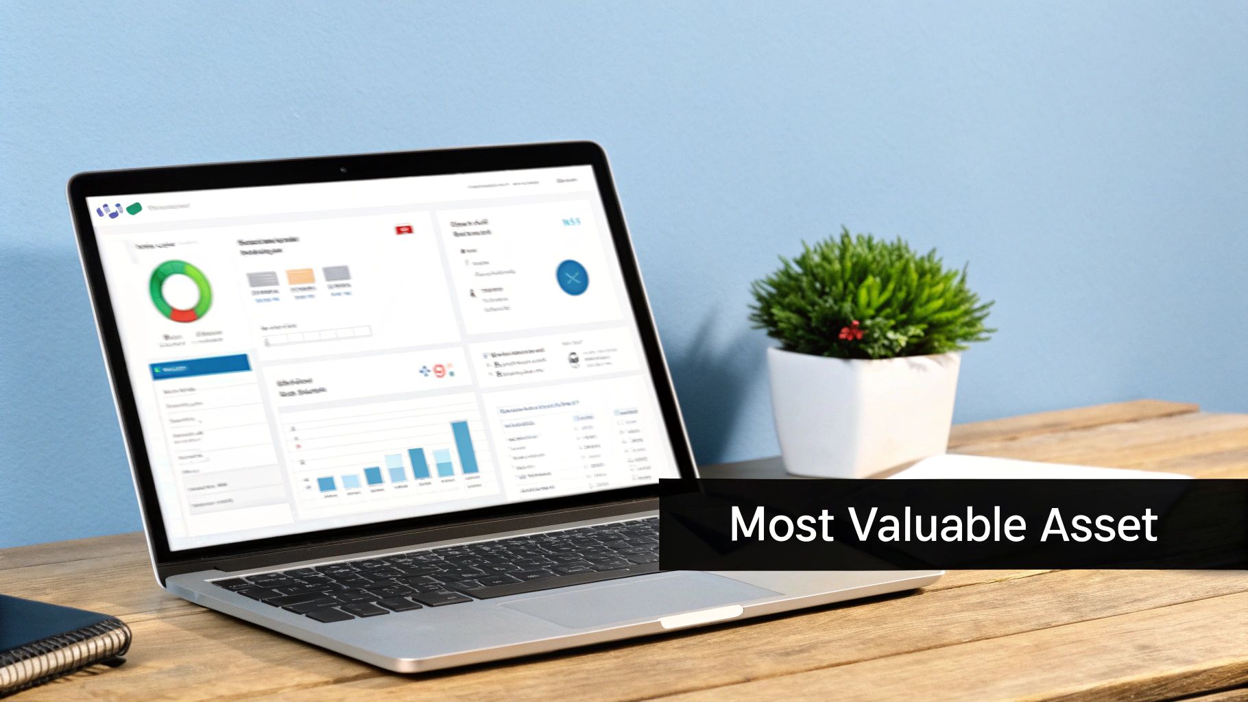 A laptop displaying a data dashboard with charts and graphs on a wooden desk with a plant.