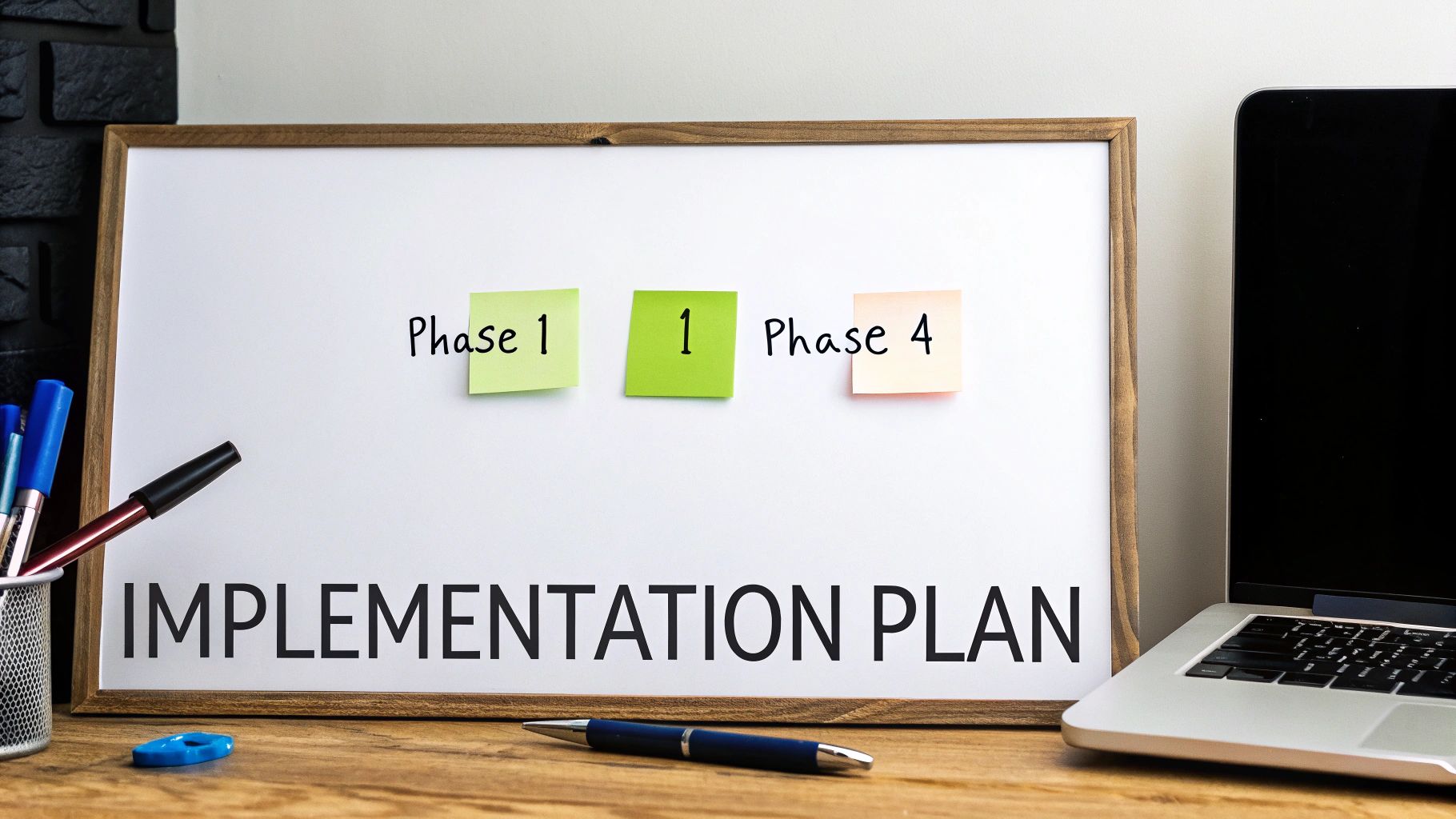 A whiteboard displays 'IMPLEMENTATION PLAN' with sticky notes 'Phase 1', '1', and 'Phase 4', alongside pens and a laptop.