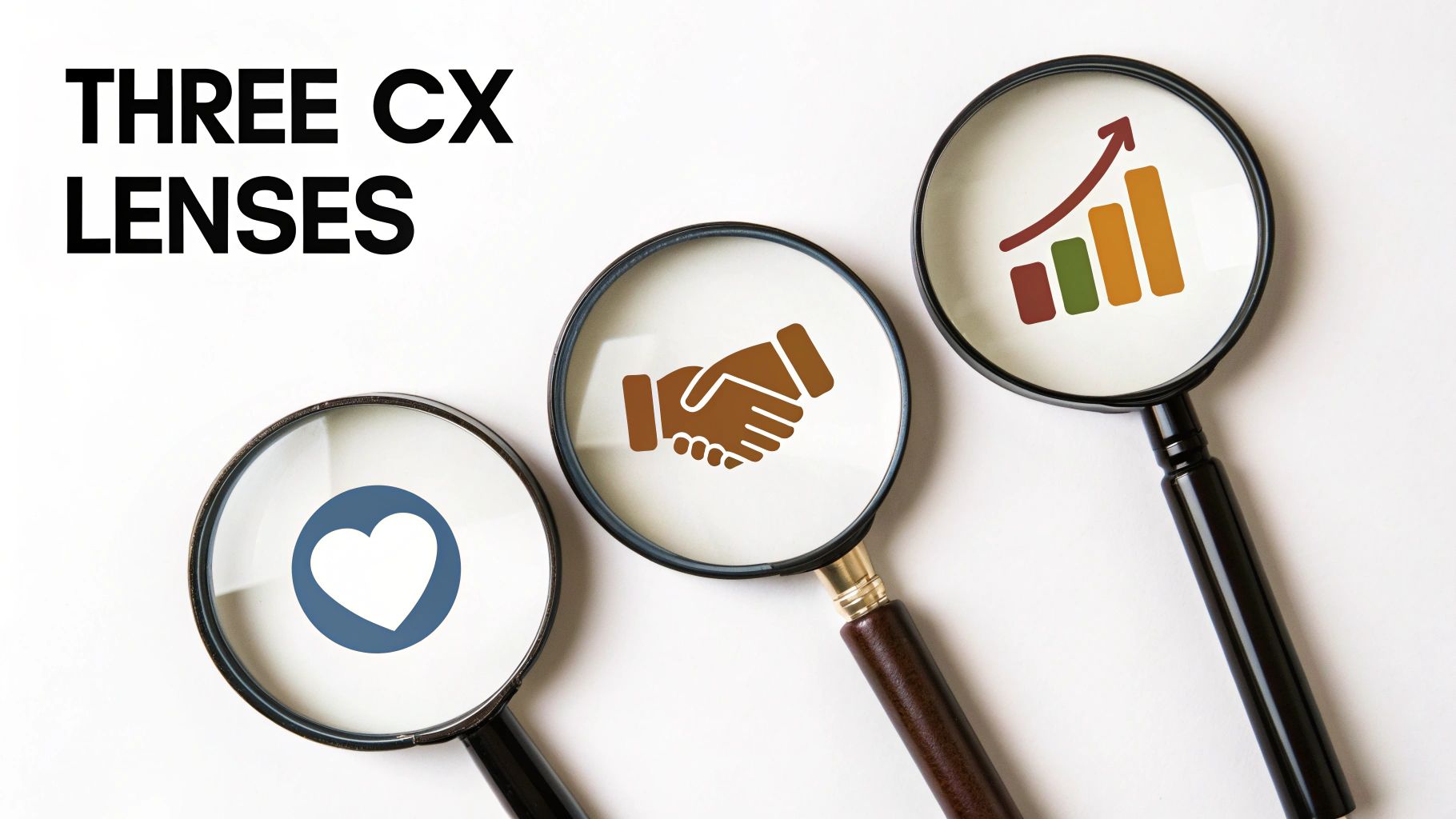 Close-up of three magnifying glasses illustrating different aspects of customer experience, like emotion, relationships, and growth.