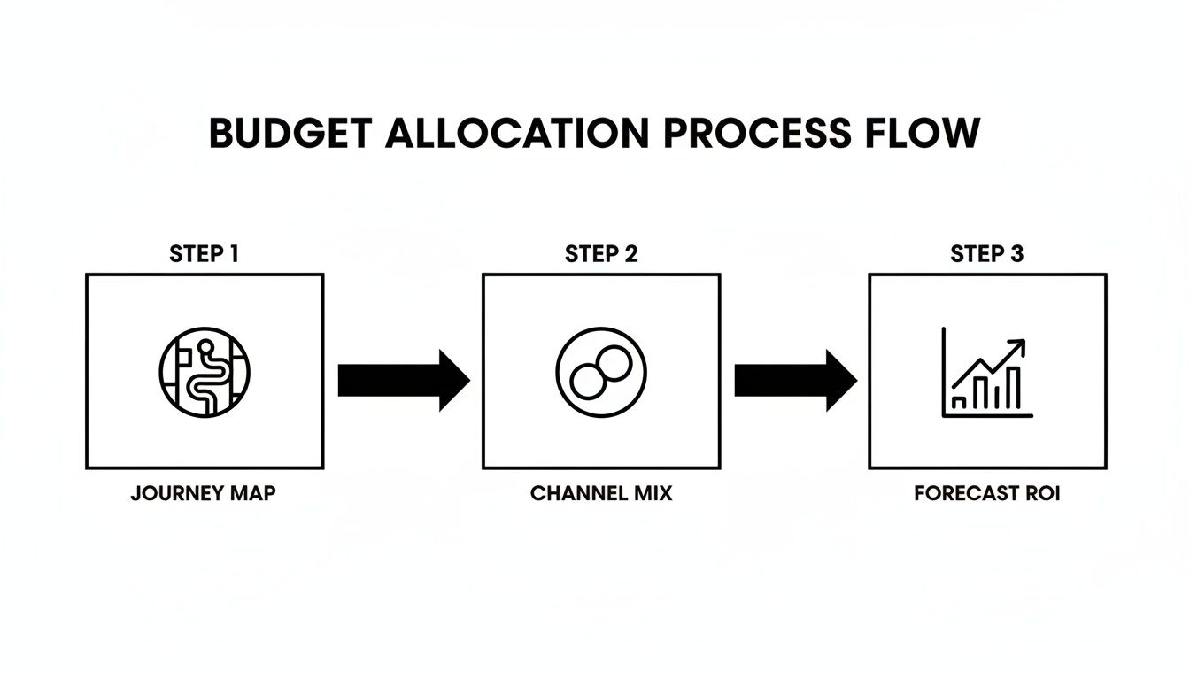 A flowchart illustrates the budget allocation process, detailing steps from Journey Map to Channel Mix and Forecast ROI.