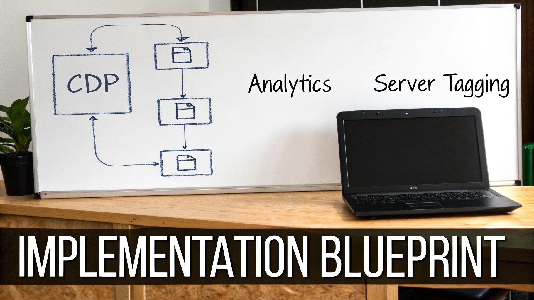 A whiteboard shows a CDP diagram, 'Analytics,' 'Server Tagging,' and 'Implementation Blueprint' text, with a laptop.