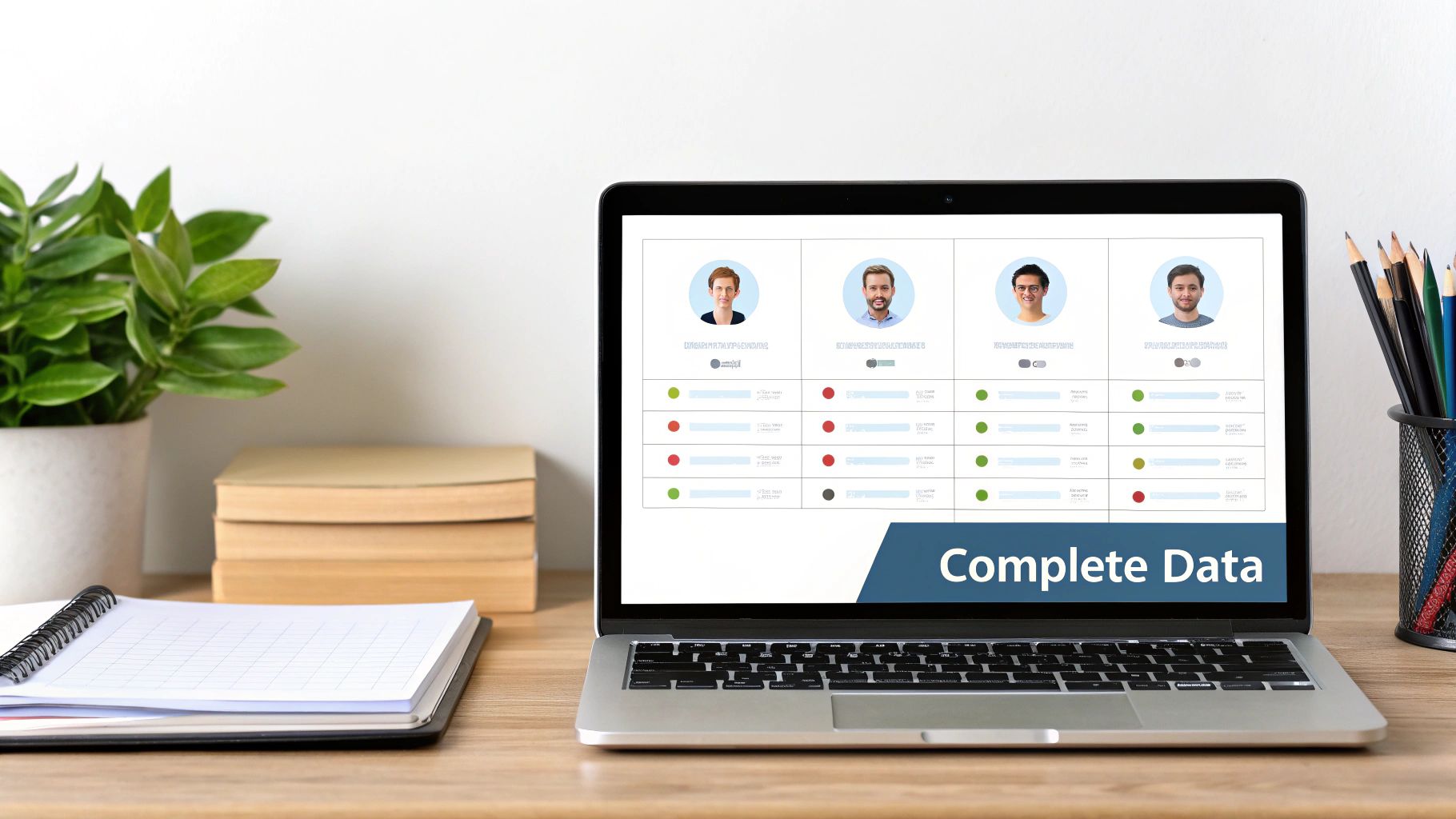 A laptop on a wooden desk displays a data quality dashboard with profile pictures and status indicators.