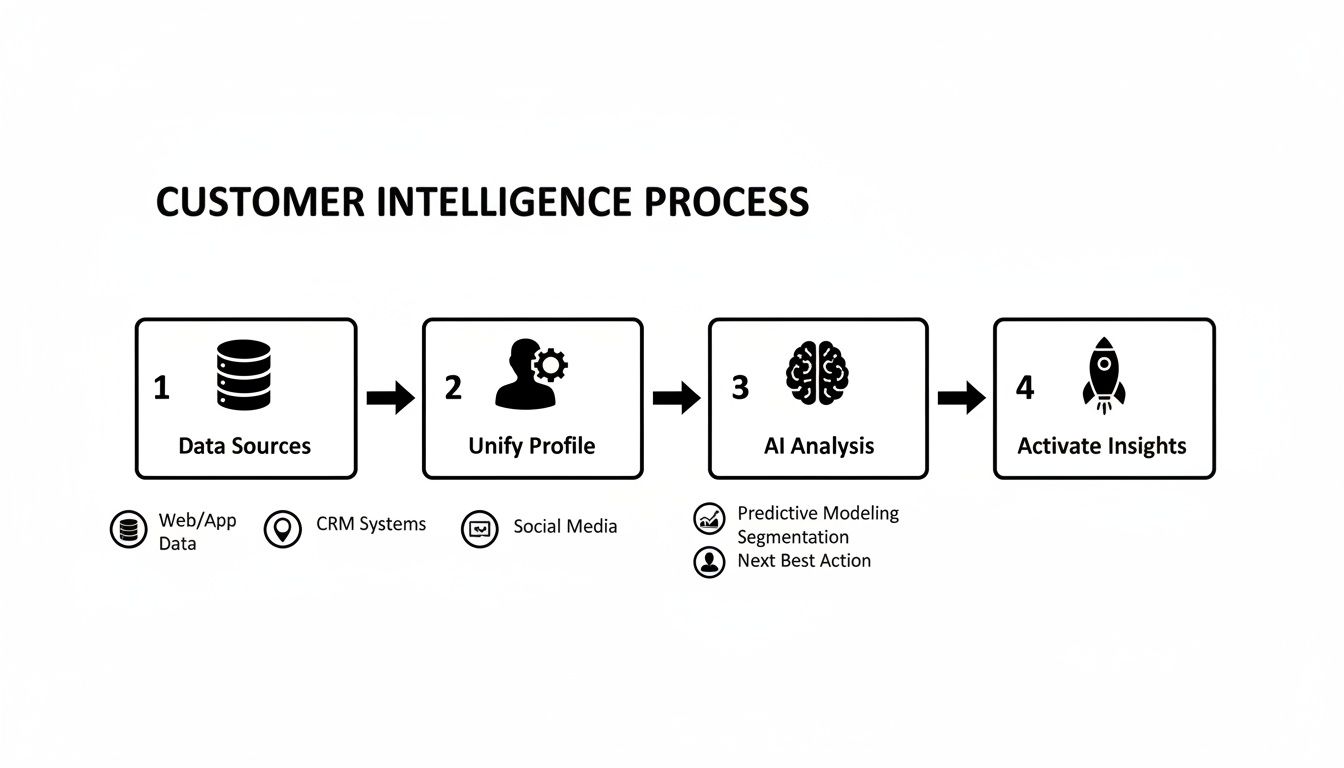 A flowchart illustrating the four-step customer intelligence process, from data sources to activating insights.