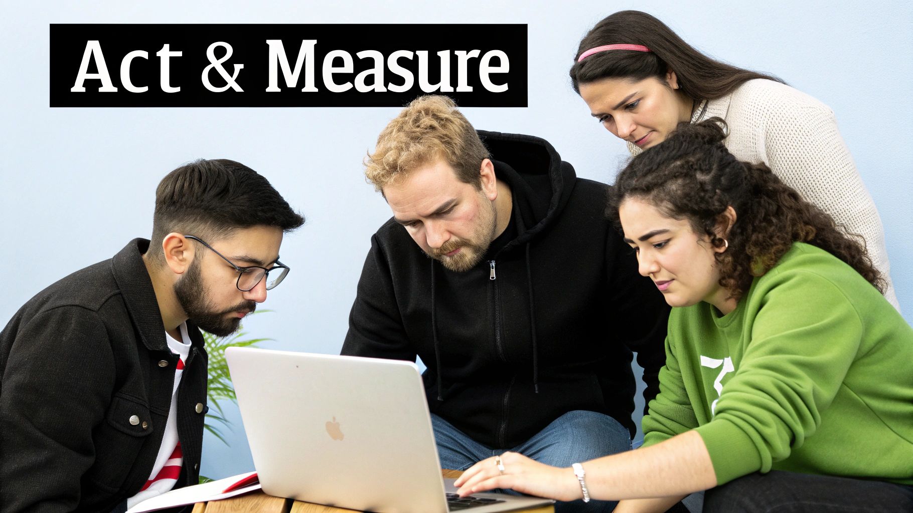 Four diverse professionals collaborating and looking at a laptop, with 'Act & Measure' text above.