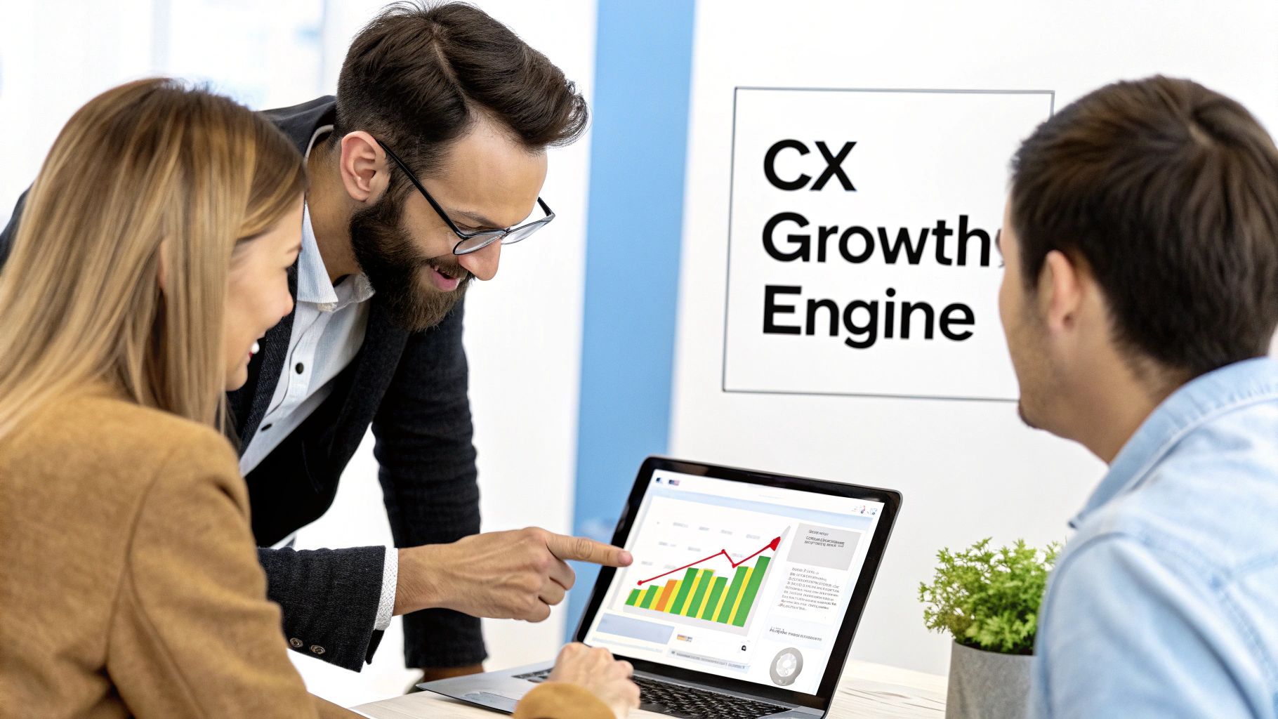 Three business professionals analyze growth data on a laptop, discussing customer experience.