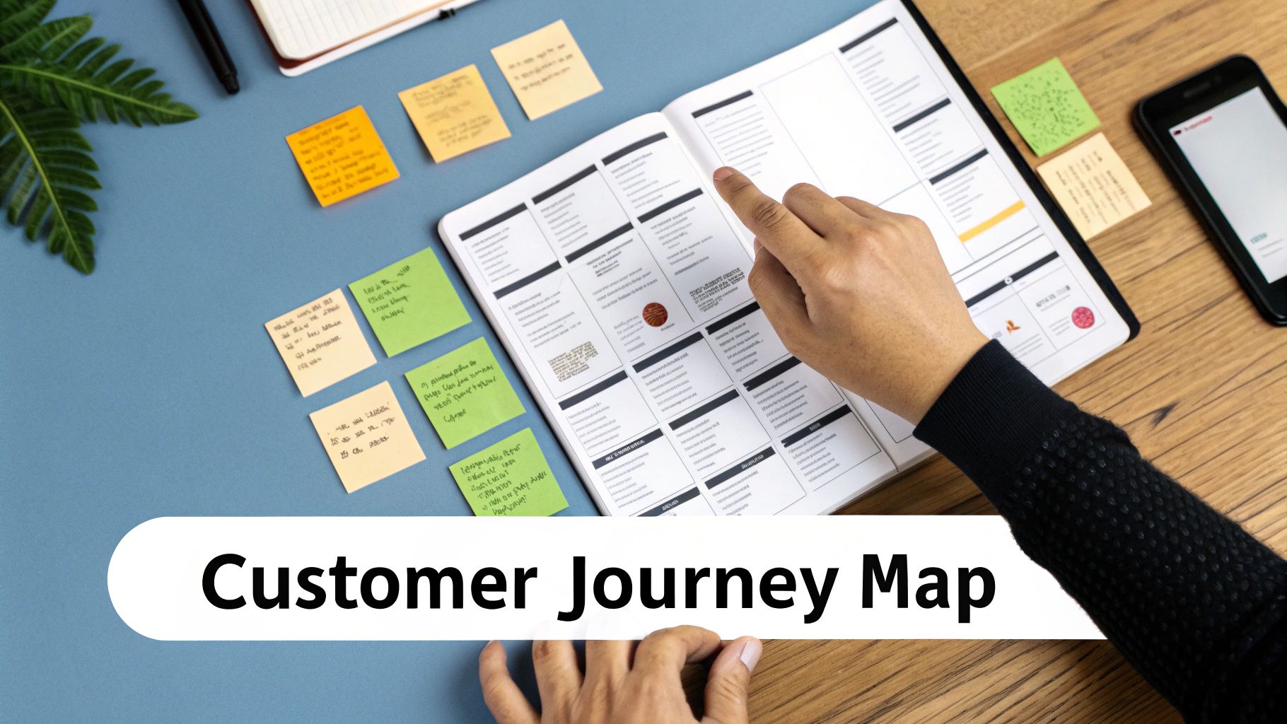 Hands pointing at a customer journey map in a notebook with sticky notes on a desk.