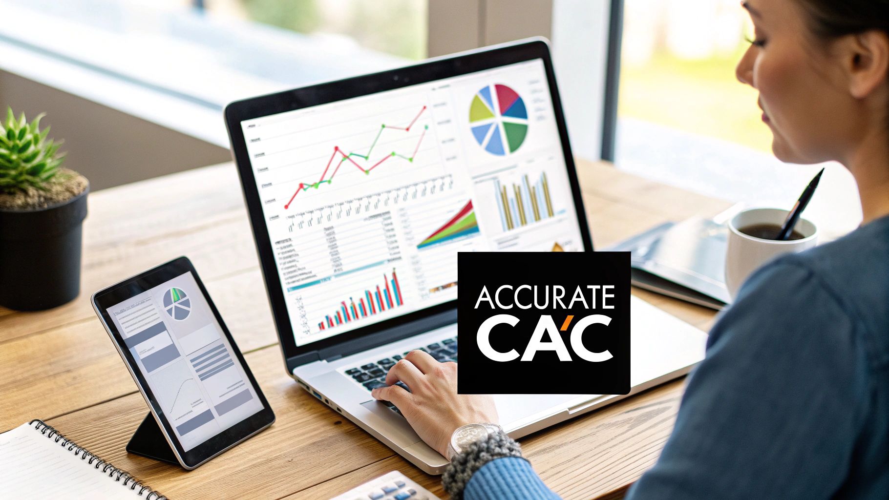 A person analyzing business data and charts on a laptop and tablet, focusing on customer acquisition cost.