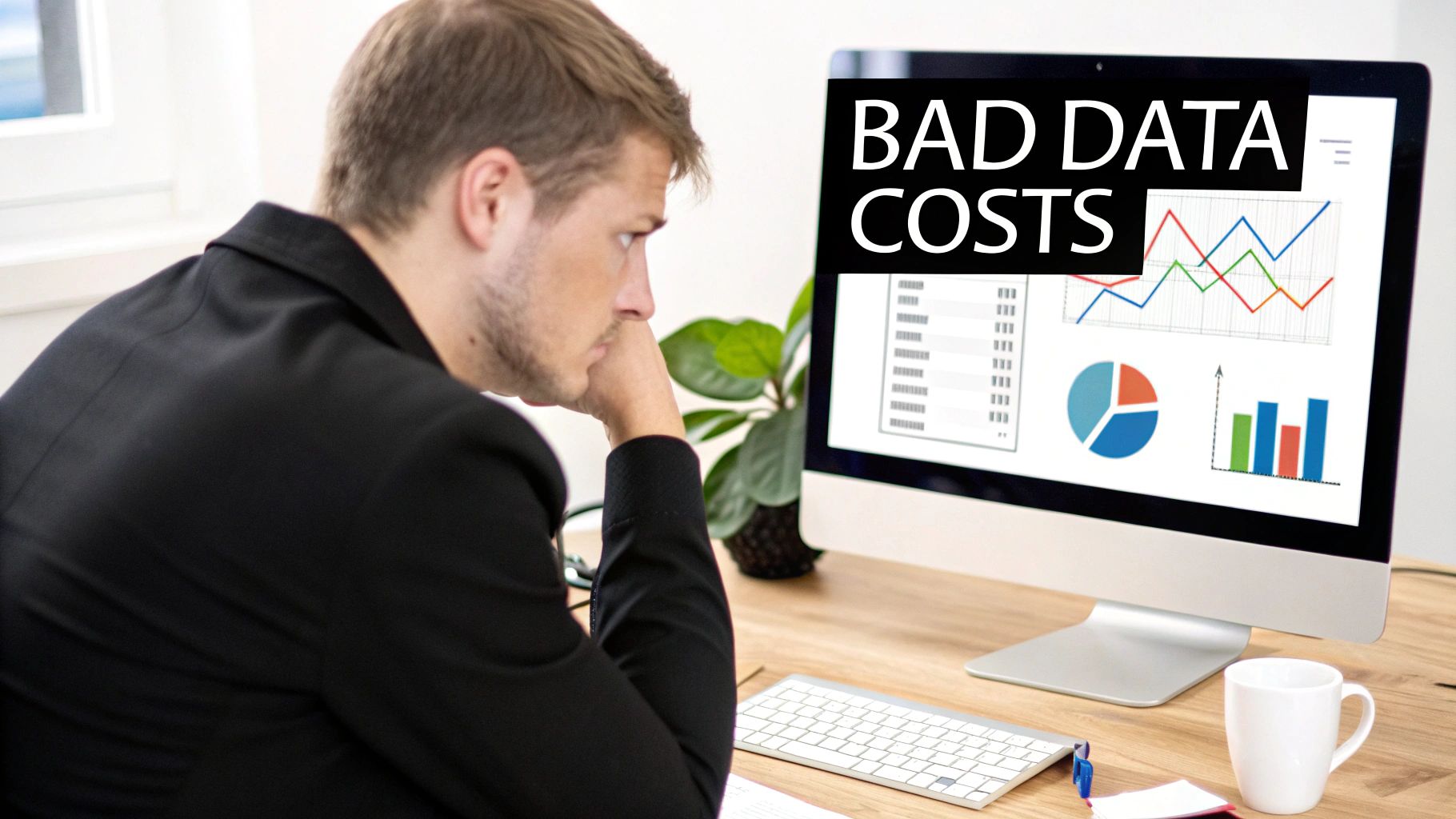 A man looks at a computer screen displaying 'BAD DATA COSTS' and various data visualizations, showing concern.