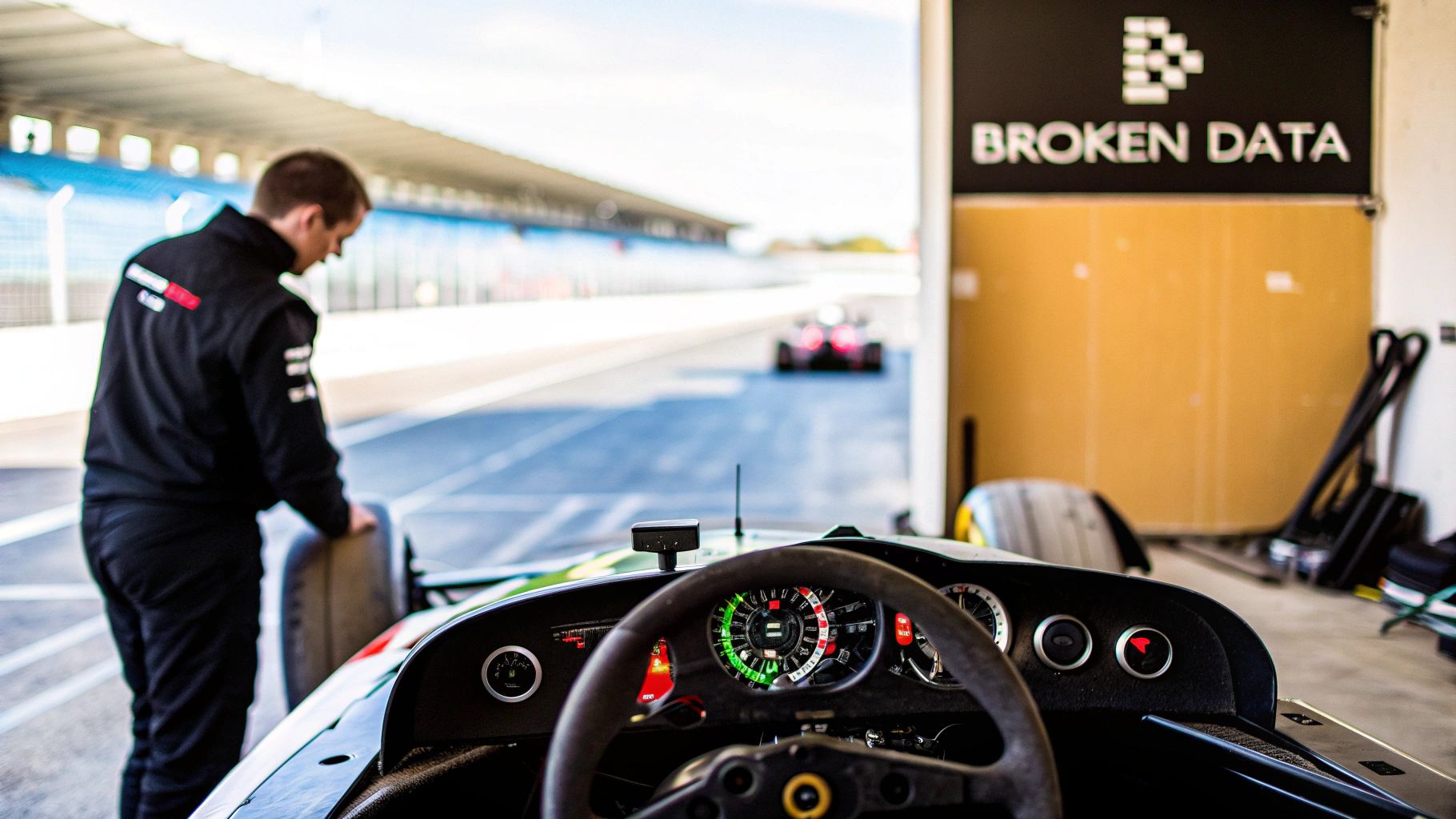 View from a race car dashboard, looking at a mechanic on a motorsport pit lane.