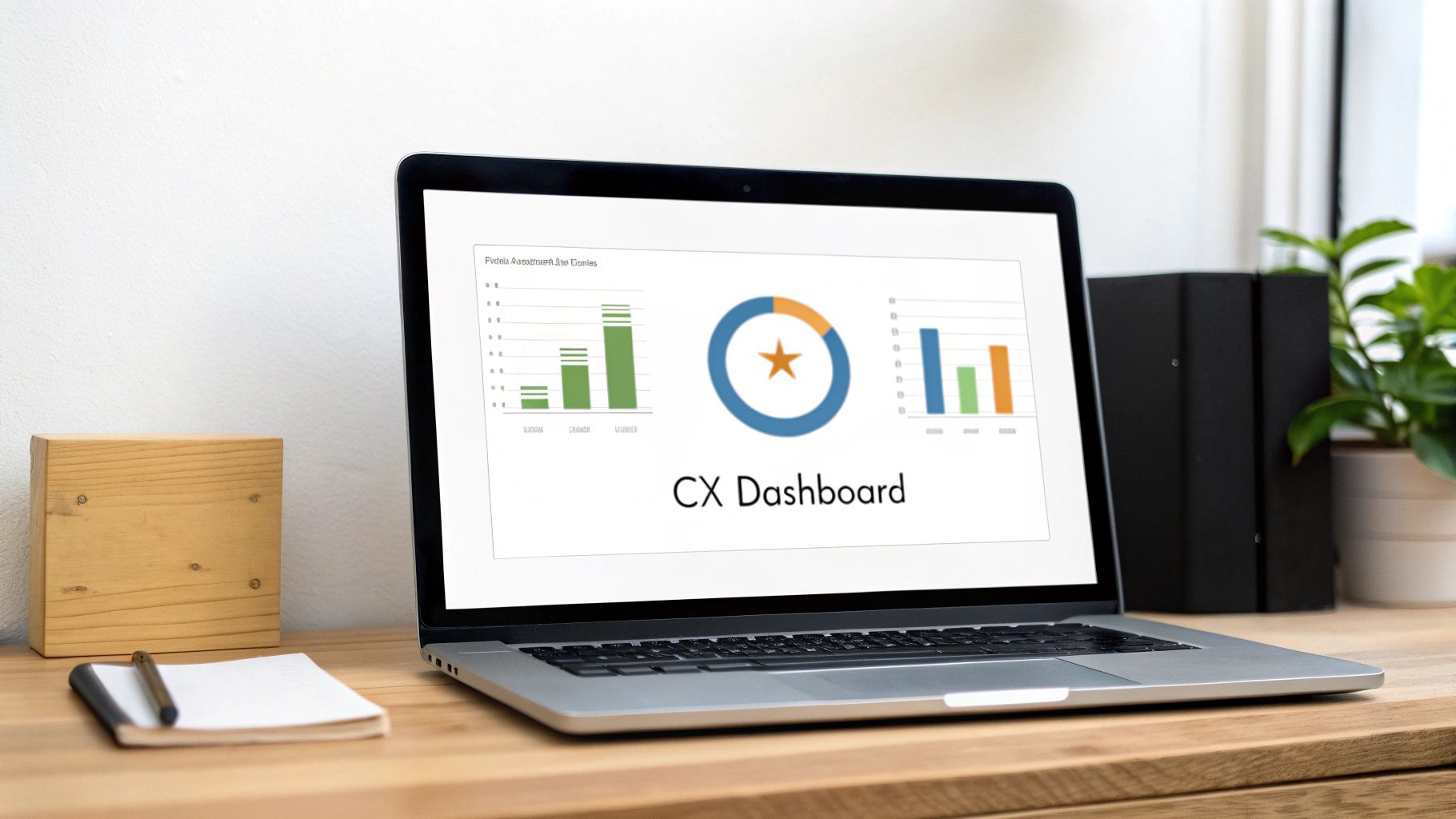 Laptop on a wooden desk showing a 'CX Dashboard' with charts and data visualizations.