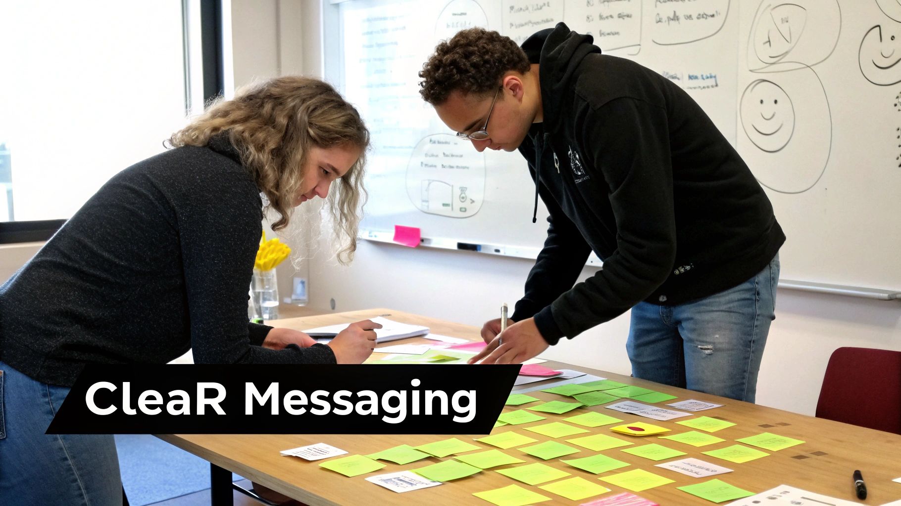 Two colleagues collaborate on a project, writing on sticky notes spread across a wooden table.