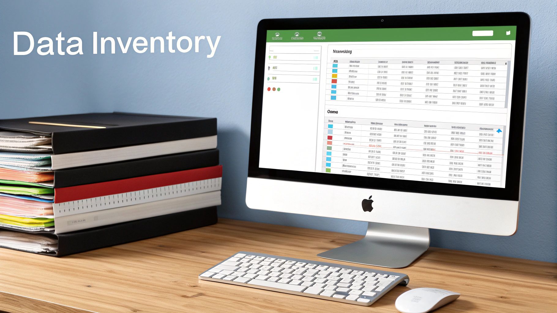 A desktop computer displaying data inventory software next to a stack of binders on a wooden desk.