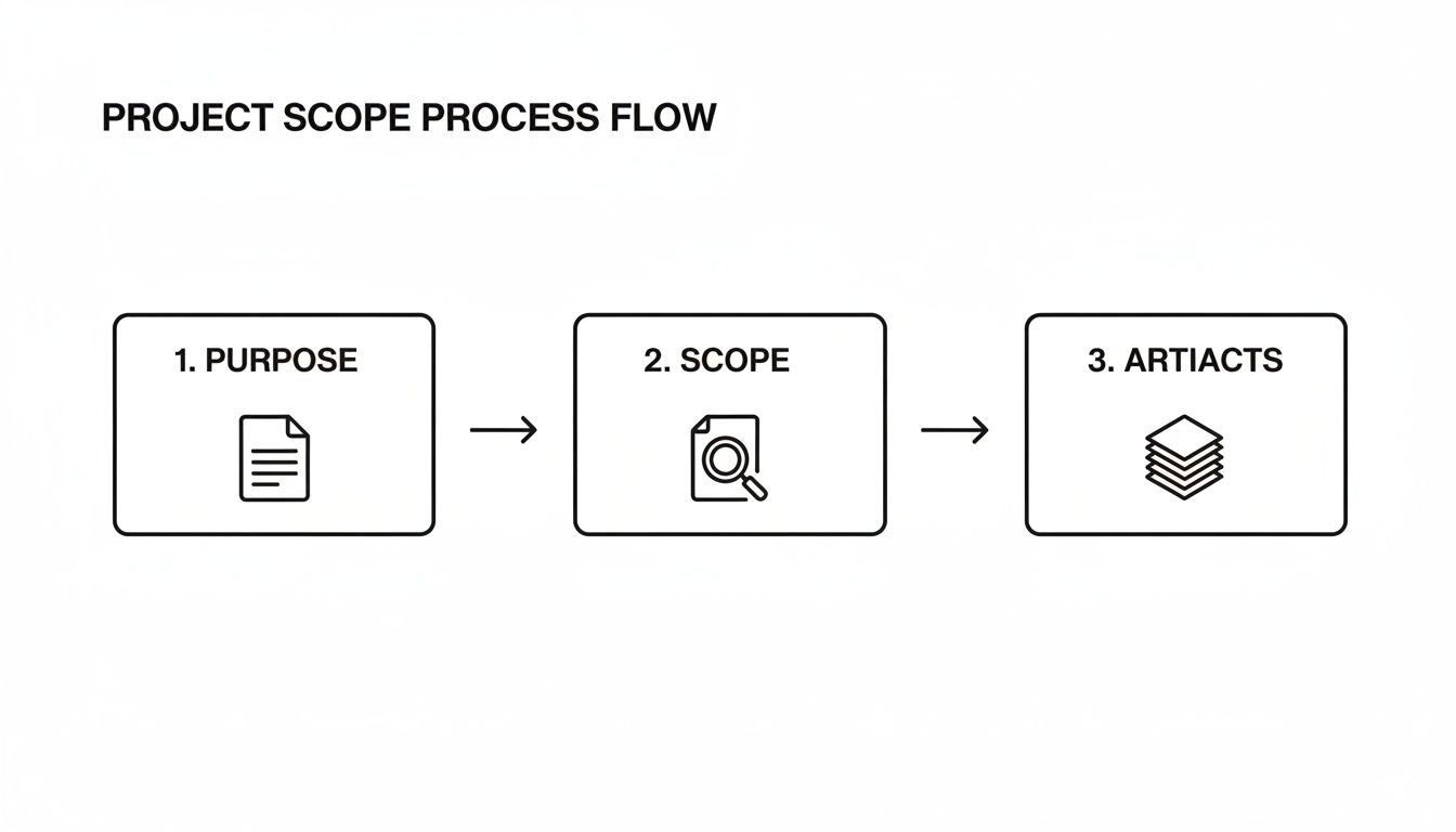 Project scope process flow diagram illustrating purpose, scope definition, and artifacts output.