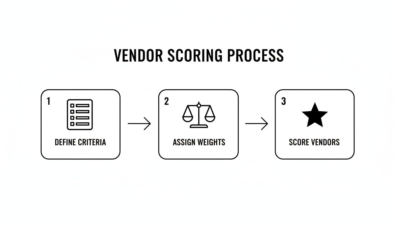 A flowchart illustrates the three-step vendor scoring process: define criteria, assign weights, and score vendors.