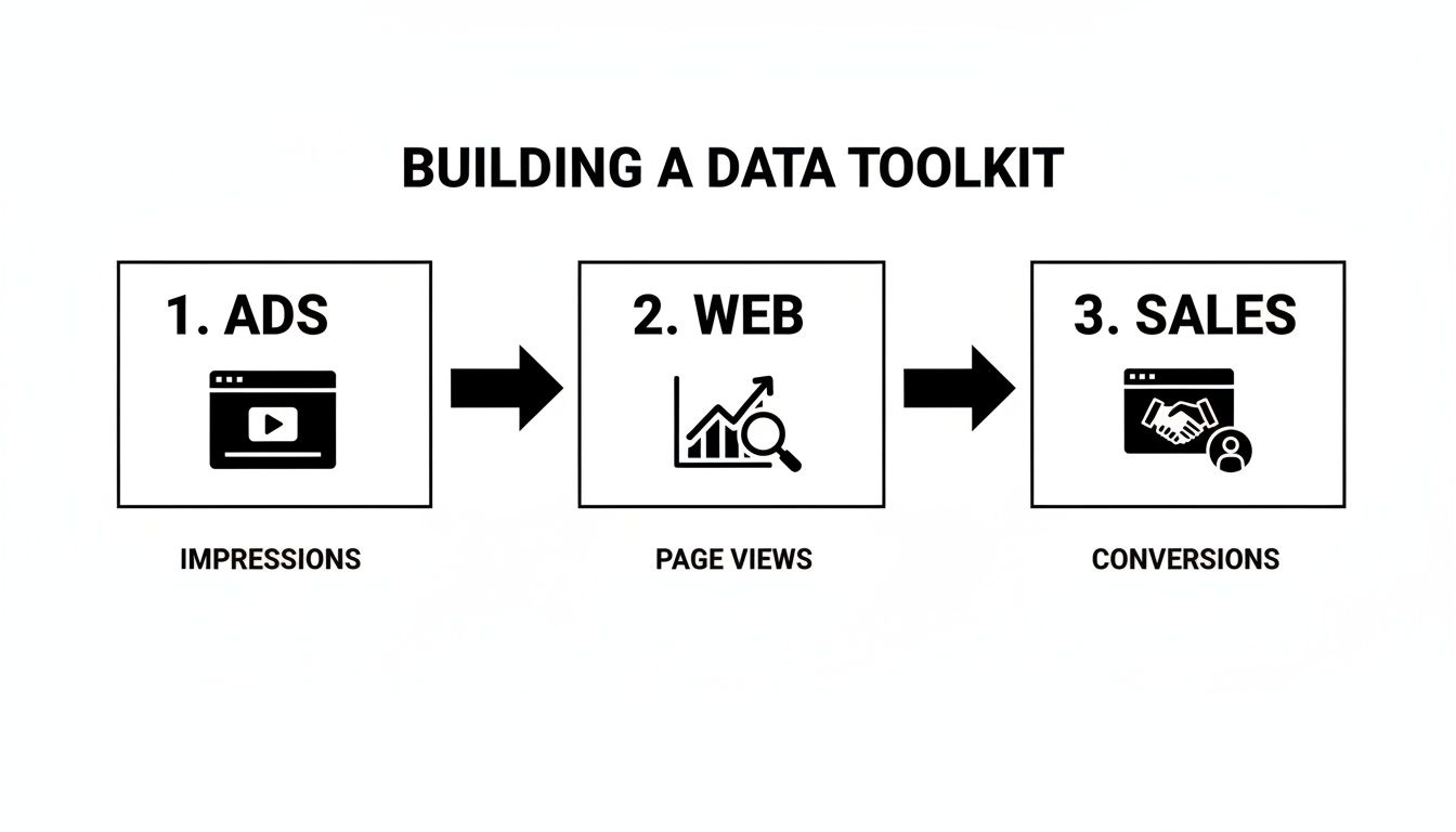 A diagram illustrating building a data toolkit from ads (impressions), to web (page views), to sales (conversions).