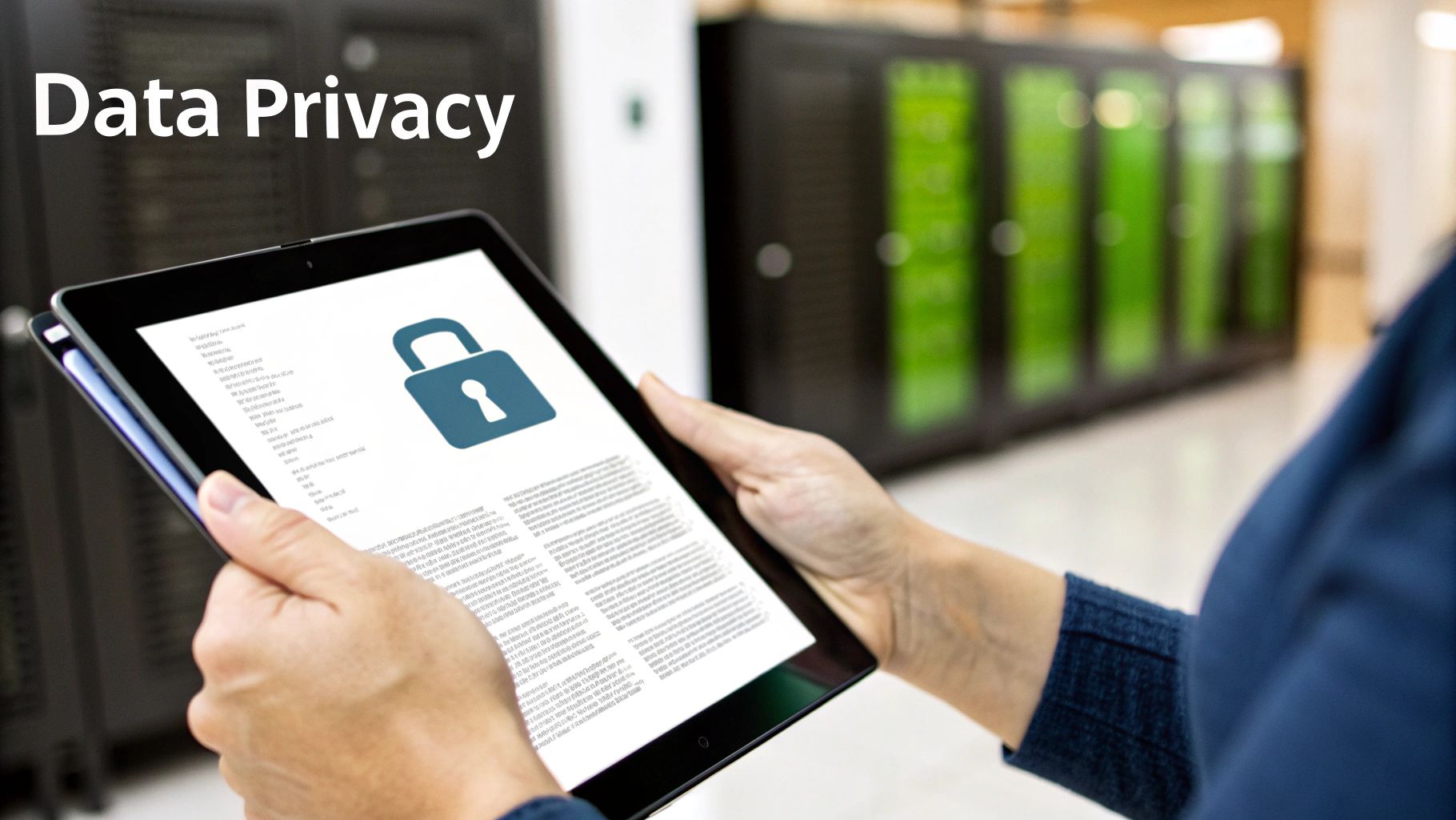 Hands holding a tablet displaying a security padlock icon in a server room with "Data Privacy" text.