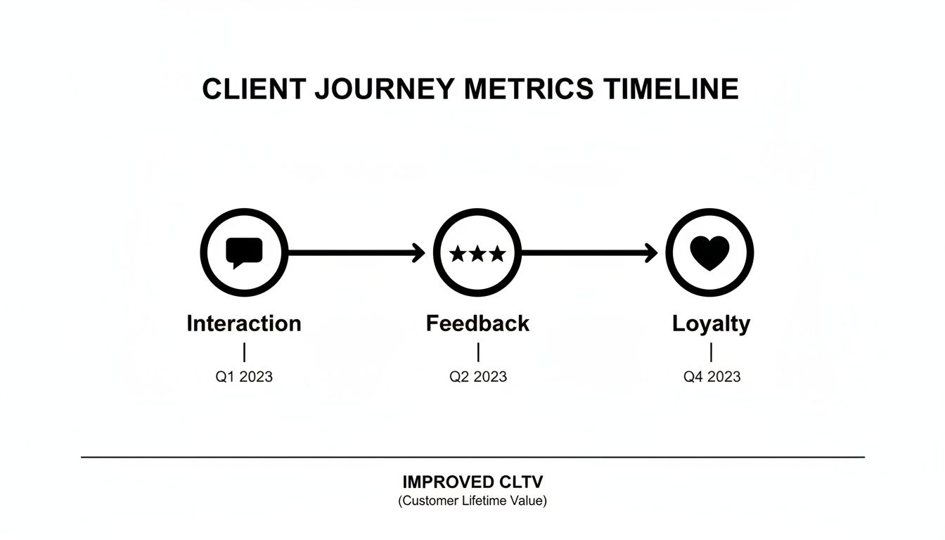 A timeline illustrating client journey metrics: Interaction (Q1 2023), Feedback (Q2 2023), and Loyalty (Q4 2023), aiming for improved CLTV.
