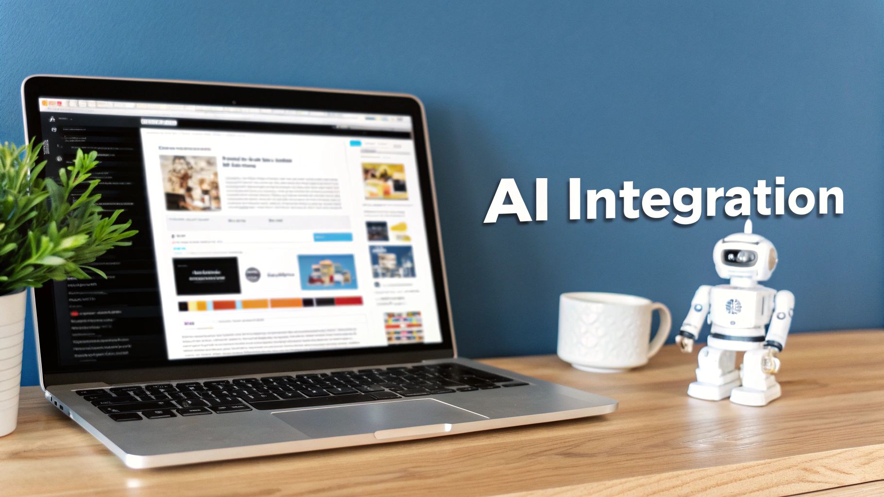 A laptop, a small white robot, and a mug on a wooden desk with 'AI Integration' text.