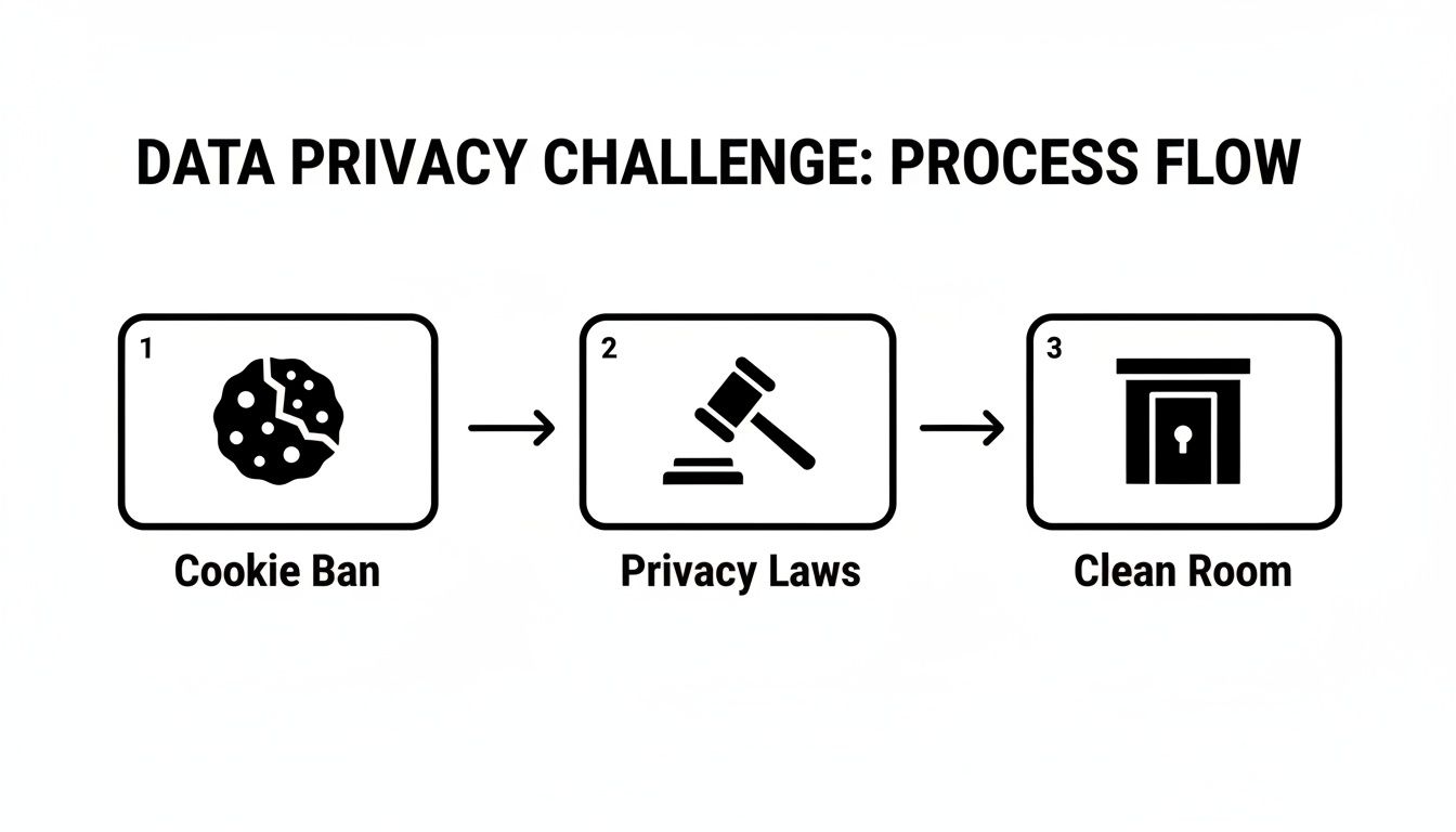 A data privacy challenge process flow illustrating the evolution from cookie ban to privacy laws and clean rooms.