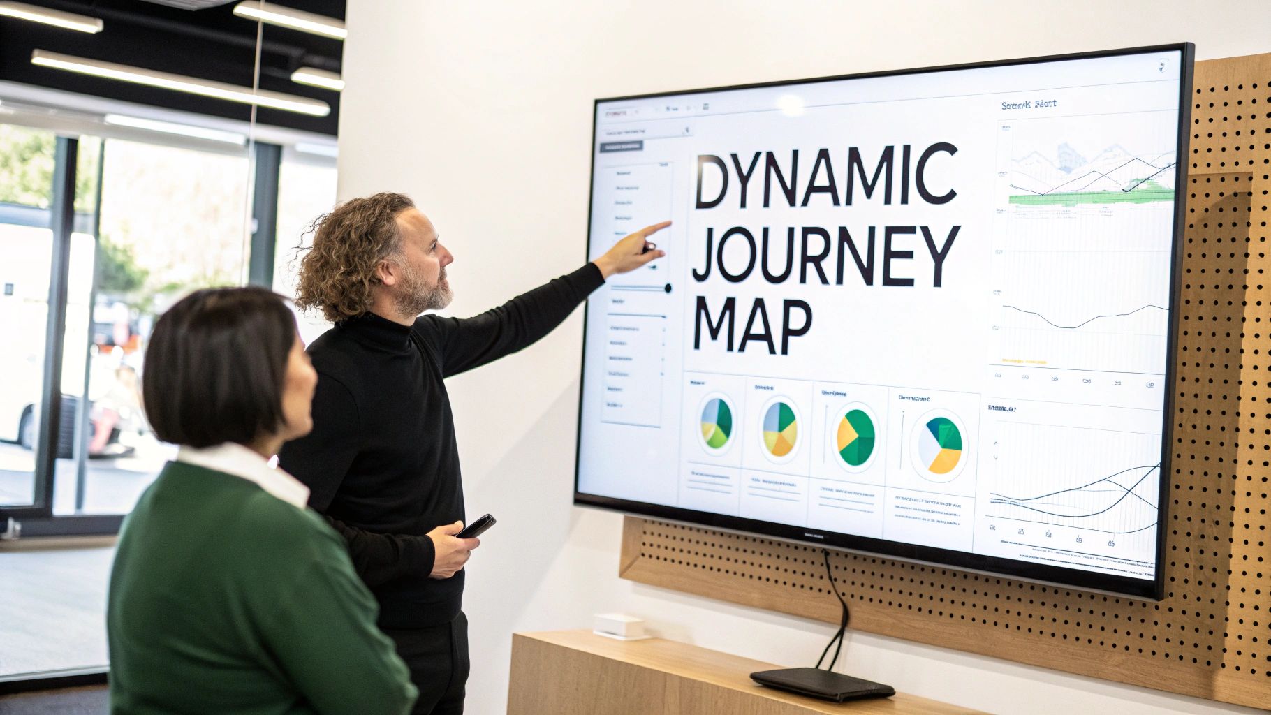 A man points at a large screen showing a 'Dynamic Journey Map' and data visualizations, watched by a woman.