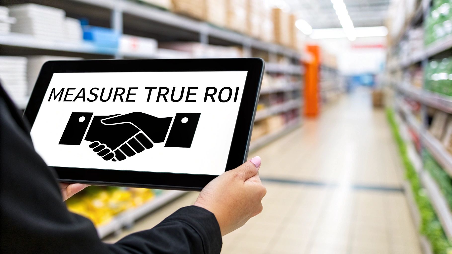 A person holds a tablet displaying 'MEASURE TRUE ROI' and a handshake symbol in a retail store.