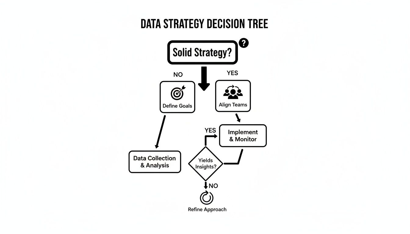 A data strategy decision tree flowchart outlining steps from strategy assessment to implementation and refinement.