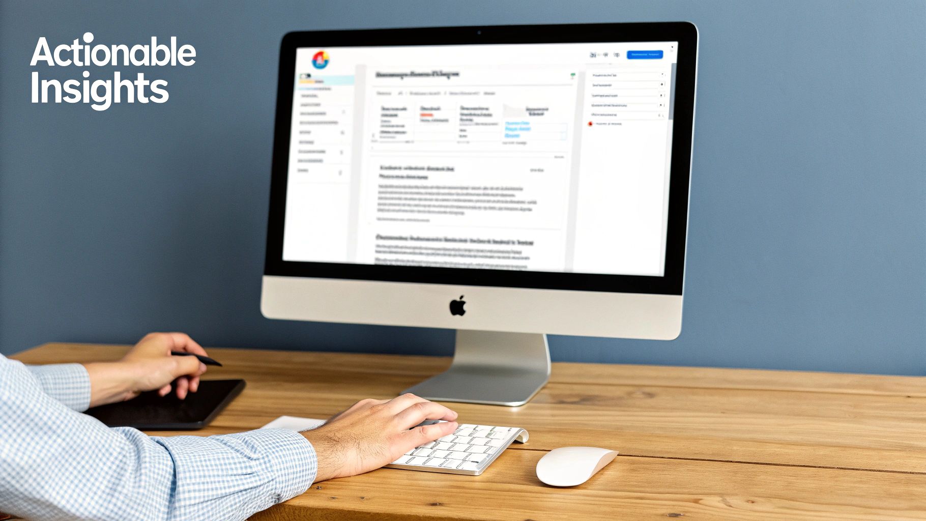 A person uses an Apple iMac with a keyboard, mouse, tablet, and stylus on a wooden desk.