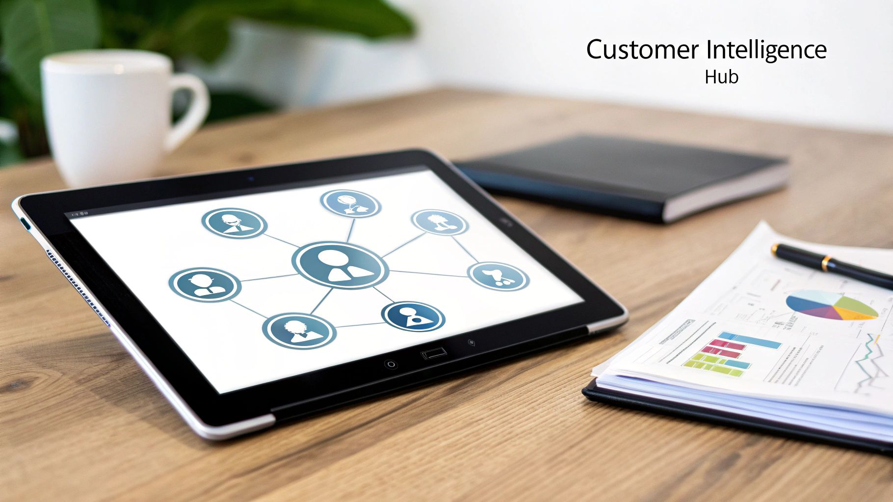 A tablet displays a customer intelligence network, alongside a mug, notebook, and charts on a wooden desk.