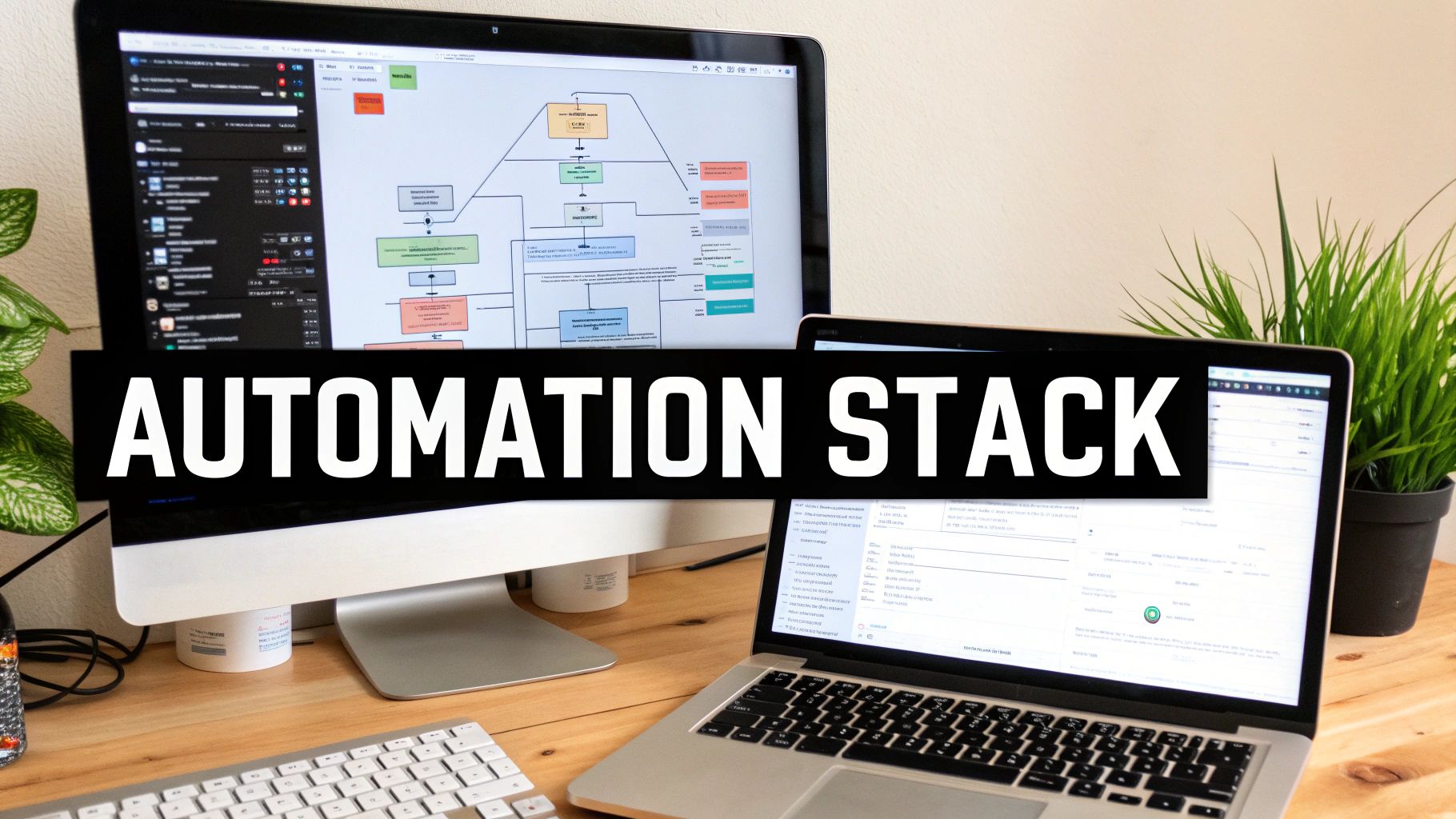 A desk setup with two computer screens displaying automation workflows and data, featuring 'AUTOMATION STACK' text.