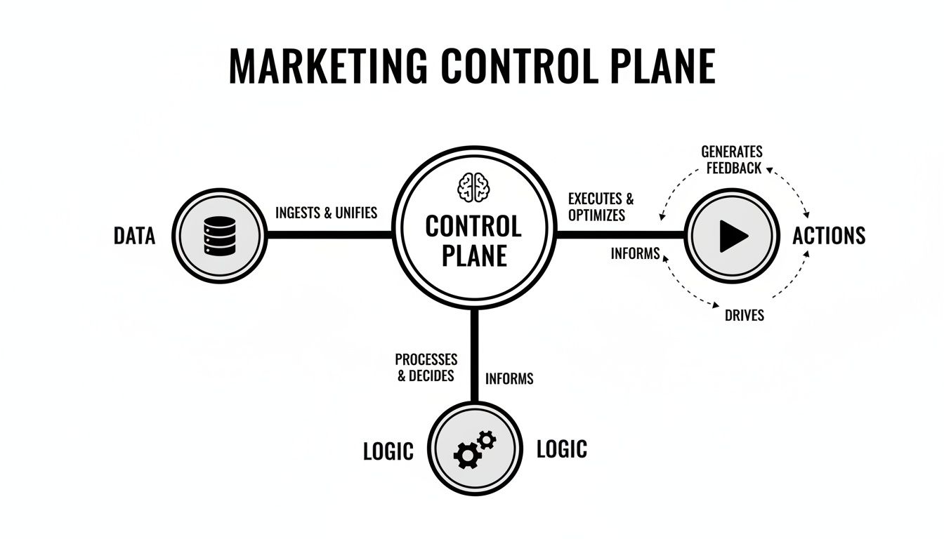 Diagram illustrating the Marketing Control Plane, showing data ingestion, logic processing, and action execution with feedback.