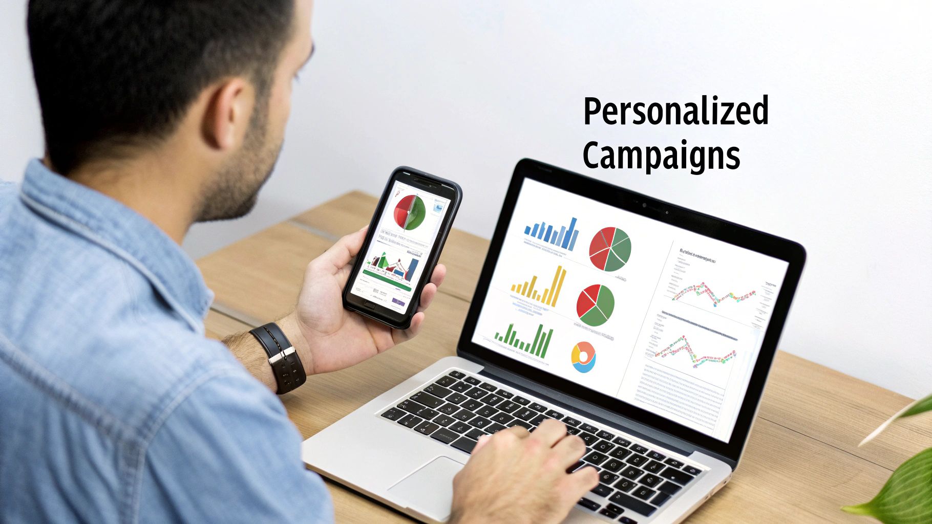 A person viewing personalized campaign data on a laptop and a smartphone.