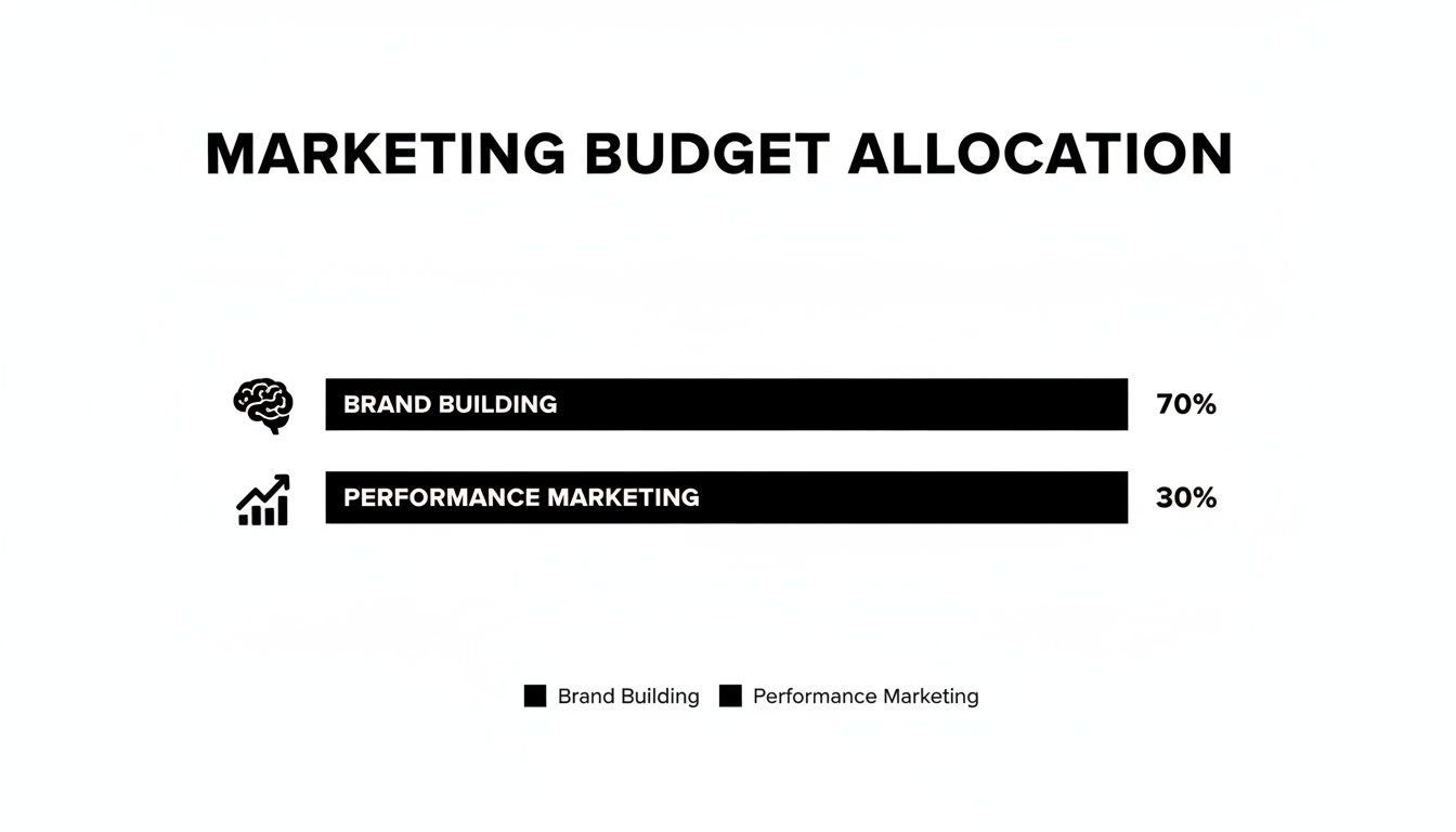 A black and white bar chart showing marketing budget allocation: 70% for brand building, 30% for performance marketing.