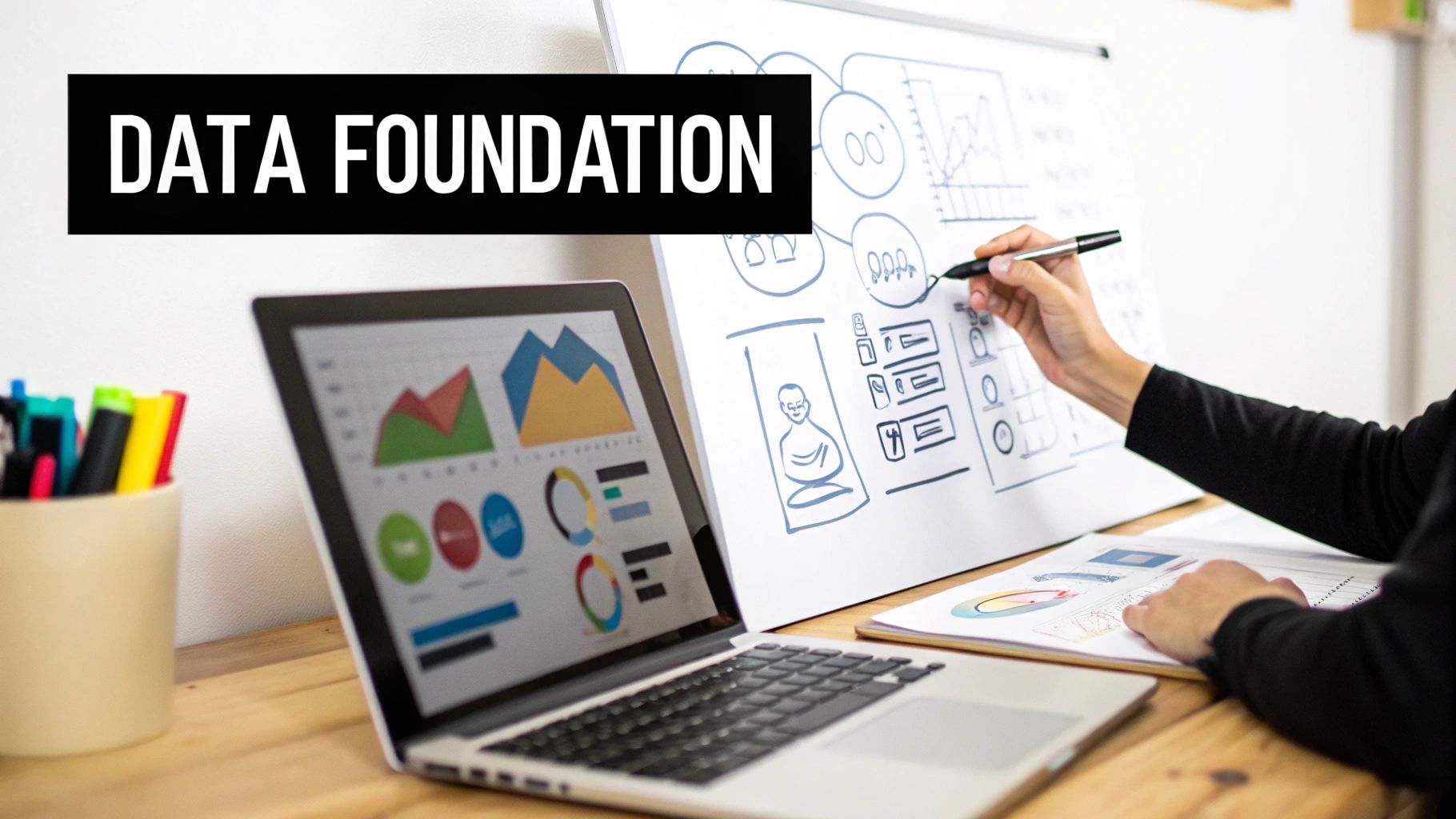 A person analyzing data with charts on a laptop and drawing diagrams on a whiteboard, labeled 'Data Foundation'.
