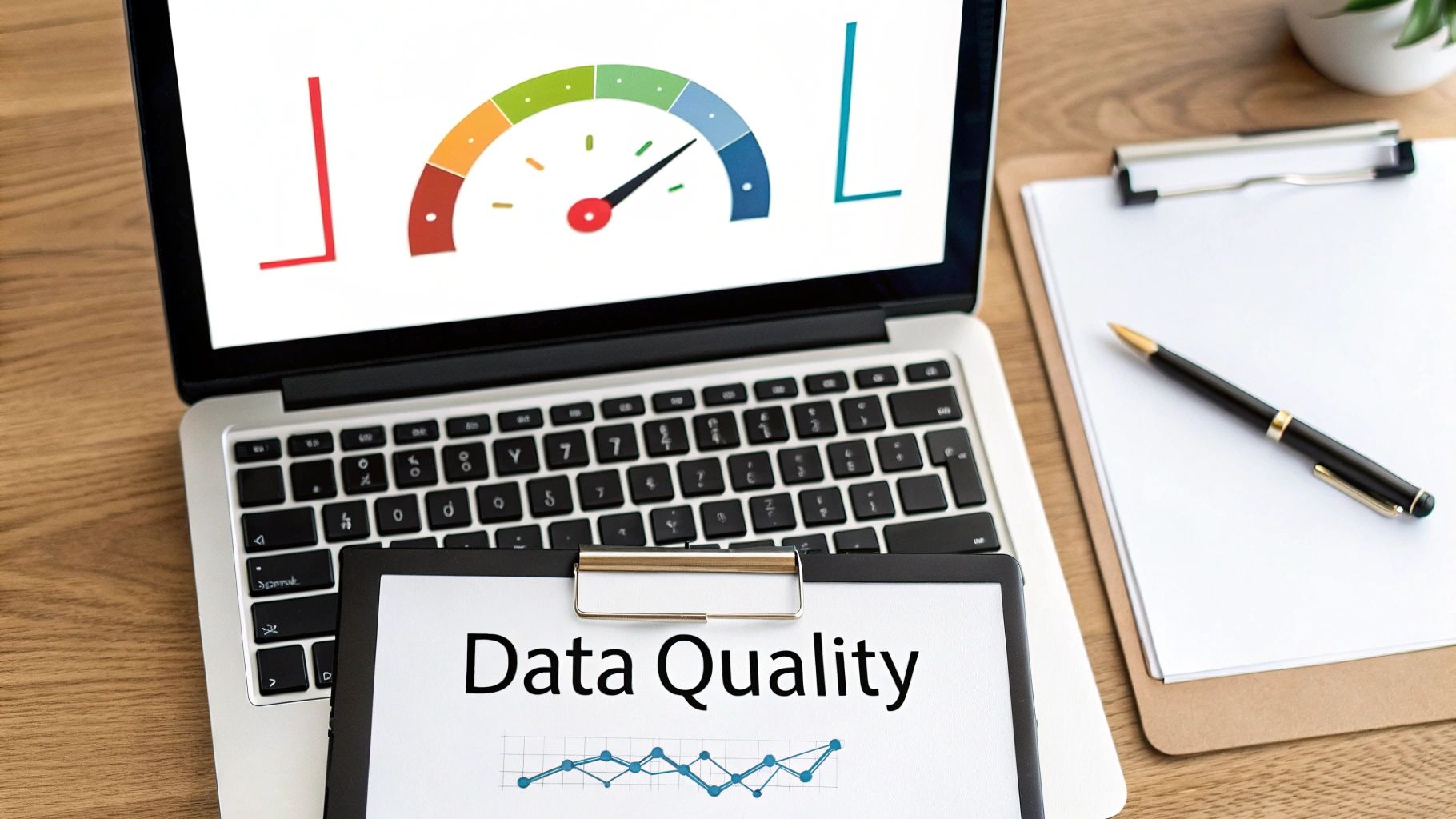 Laptop showing a colorful data quality gauge, with a clipboard titled 'Data Quality' and a graph.