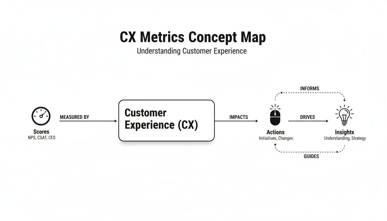 A concept map illustrating the relationship between CX scores, customer experience, actions, and strategic insights.