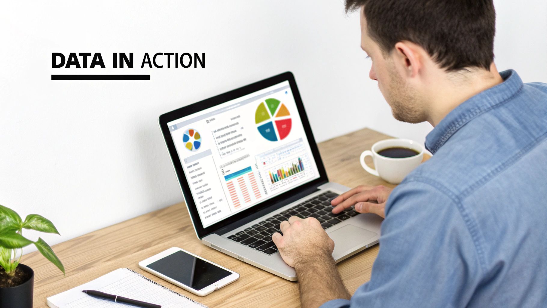 Man analyzing data charts and graphs on a laptop screen, emphasizing data in action on a wooden desk.