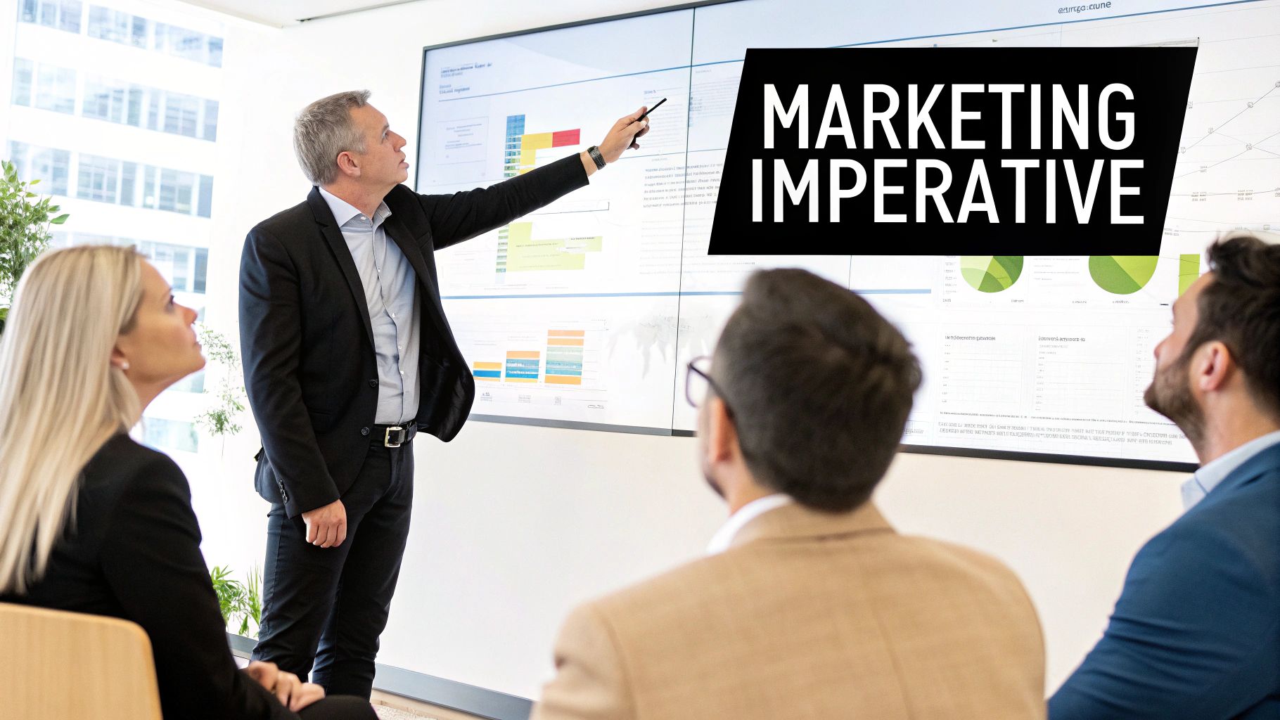 A man presents marketing data and charts on a large screen to an attentive audience in a modern office.