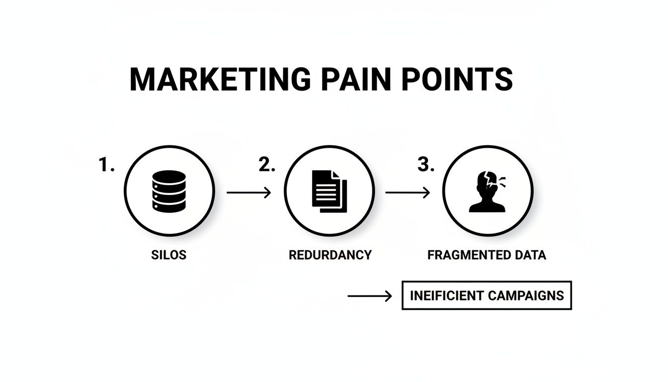 A diagram illustrating marketing pain points: data silos, redundancy, and fragmented data leading to inefficient campaigns.