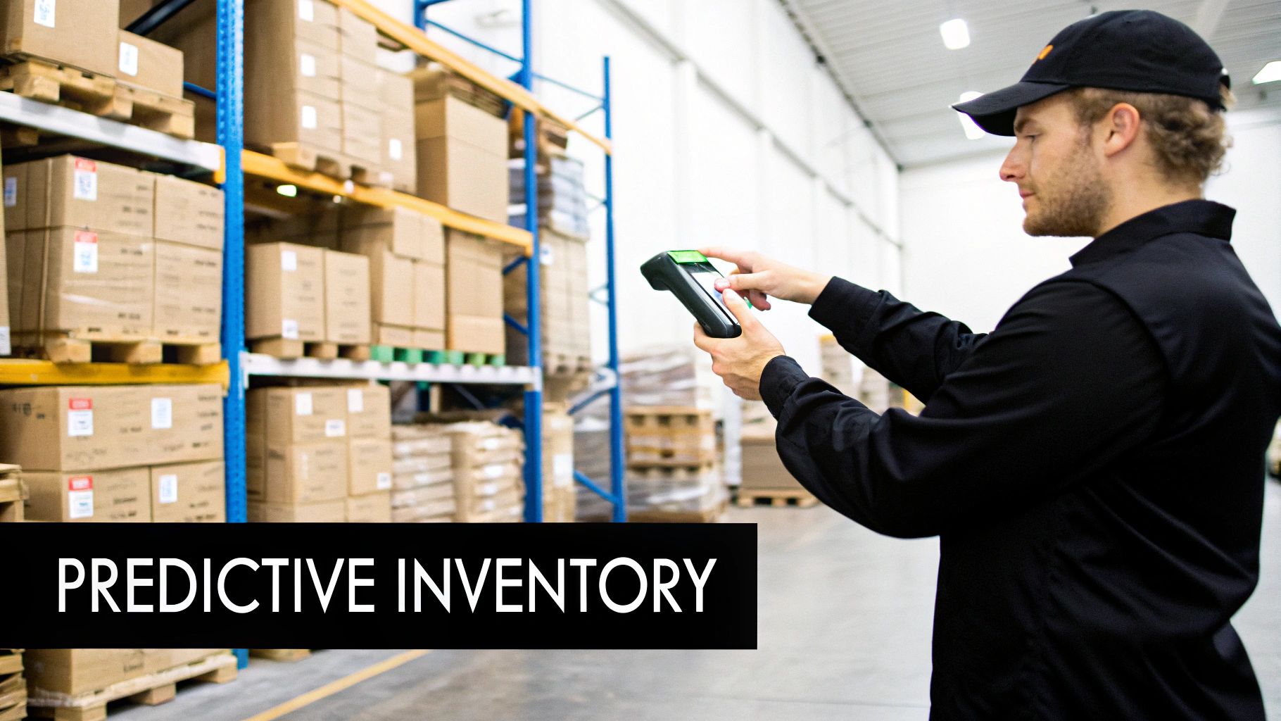 A man in a warehouse scans boxes on shelves with a handheld device for predictive inventory.