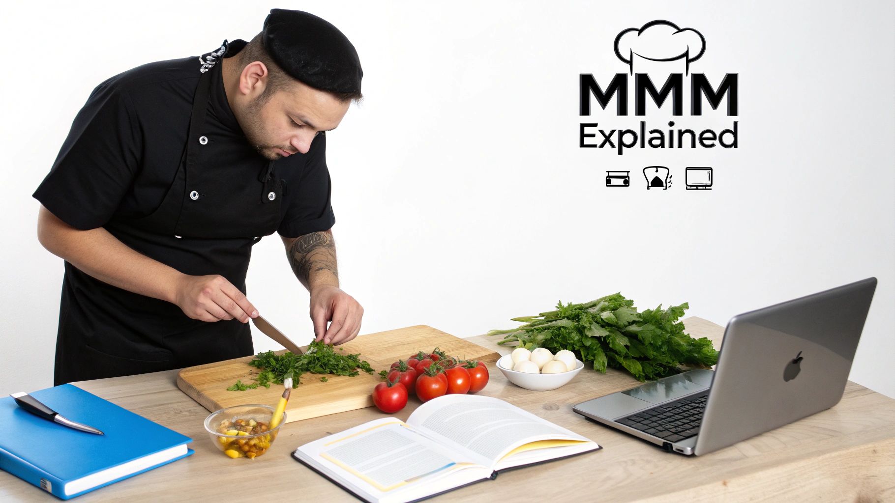 A chef chops fresh herbs on a cutting board, with tomatoes, mozzarella, a laptop, and a book on a wooden table.